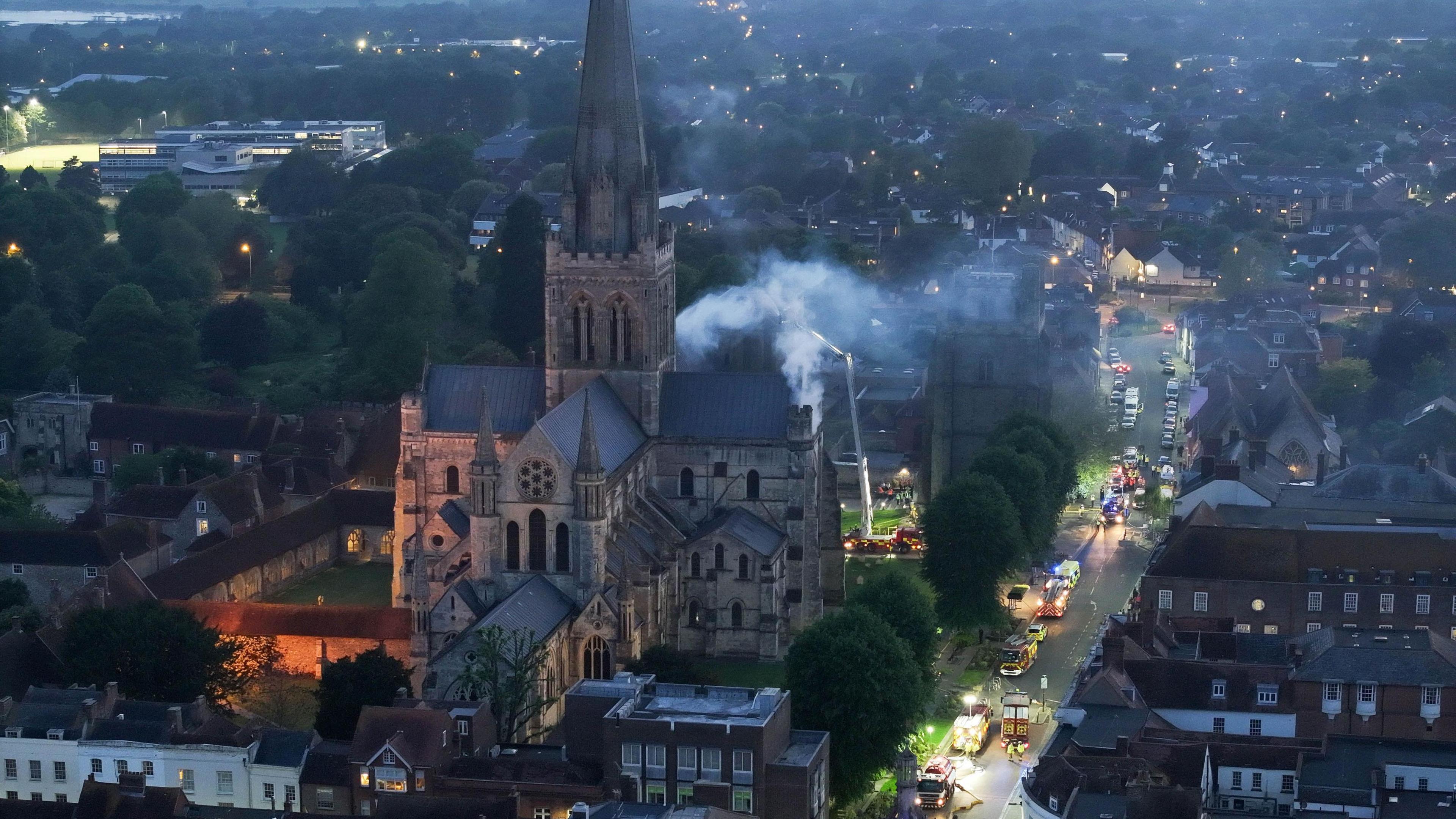 An view of the emergency crews tackling the fake fire