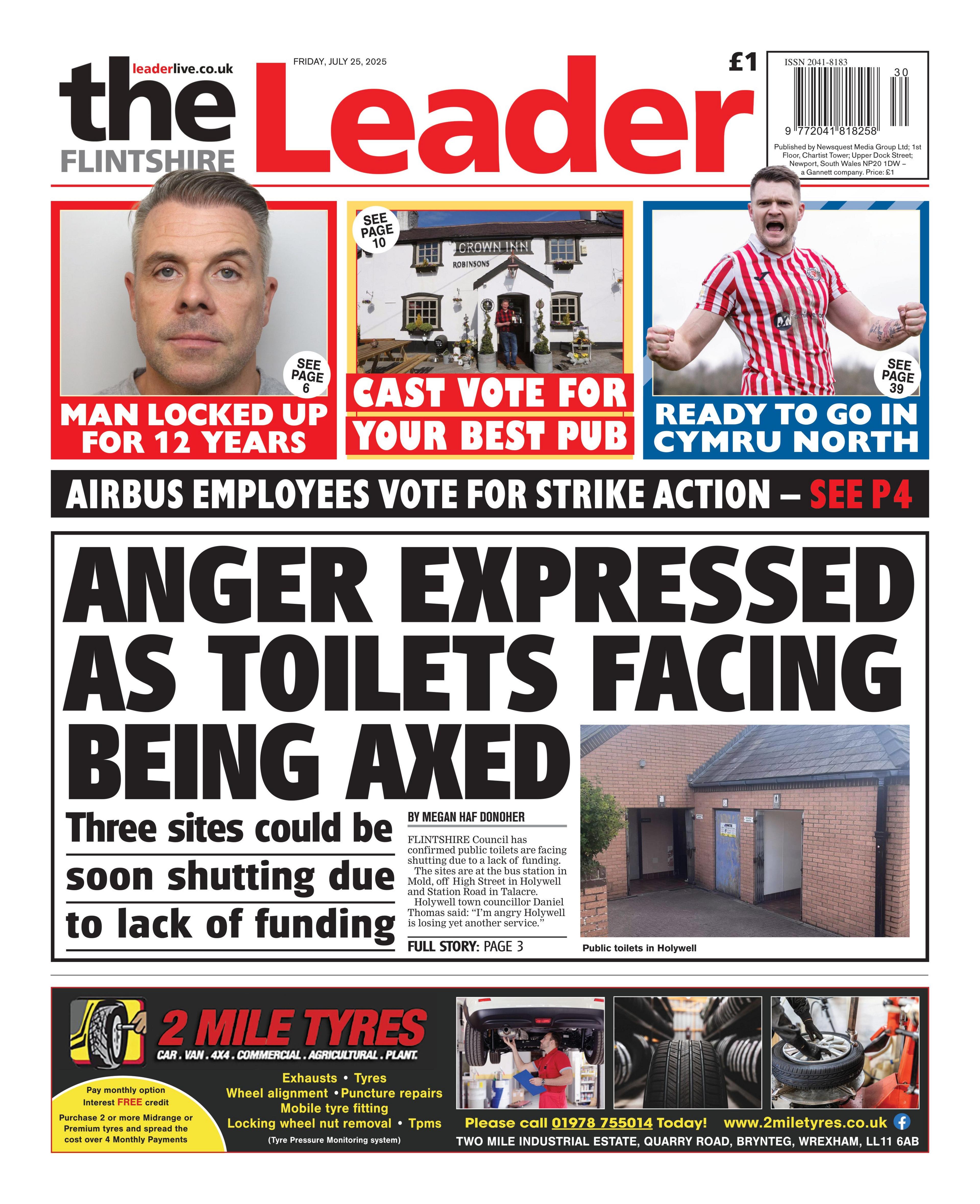 Main headline: Anger expressed as toilets facing being axed.  Other headline: Three sites could be soon shutting due to lack of funding. Headline sits next to a photo of a public toilets building.