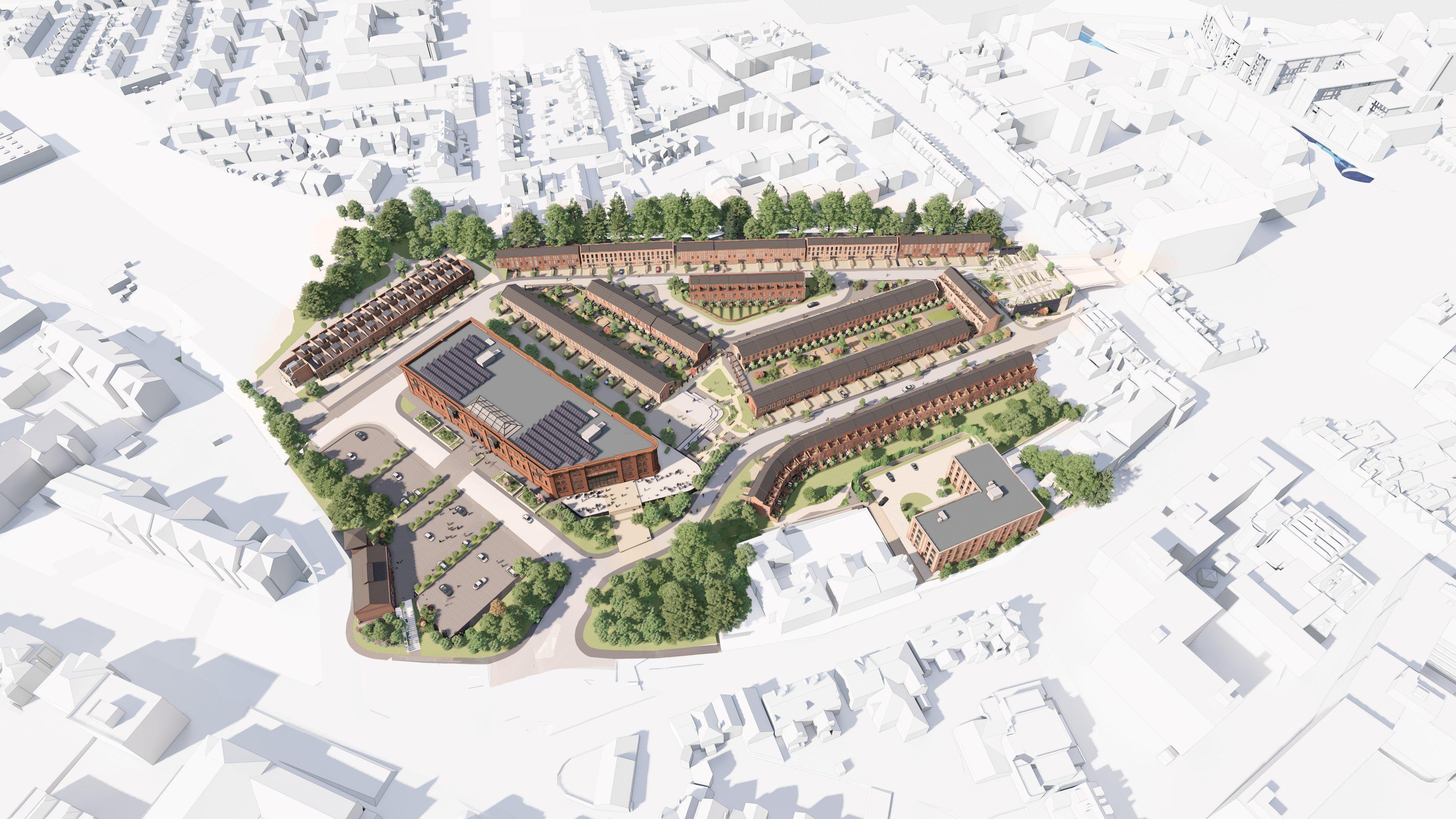 An artist impression of the Friar Gate Goods Yard site in Derby shows plans for a redeveloped warehouse, engine house and 276 new build homes.