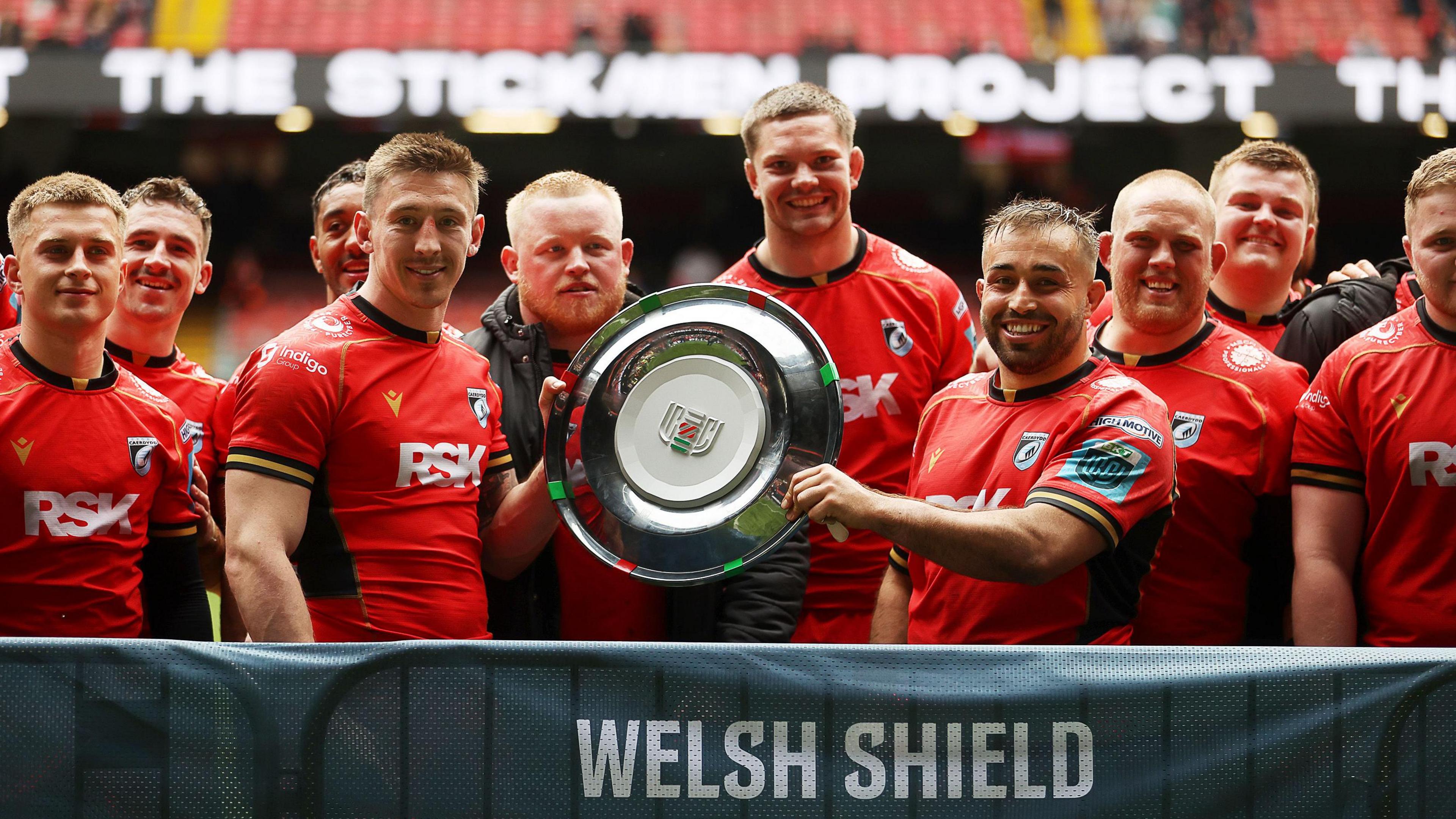Cardiff  players with the Welsh Shield at the Principality Stadium in 2025