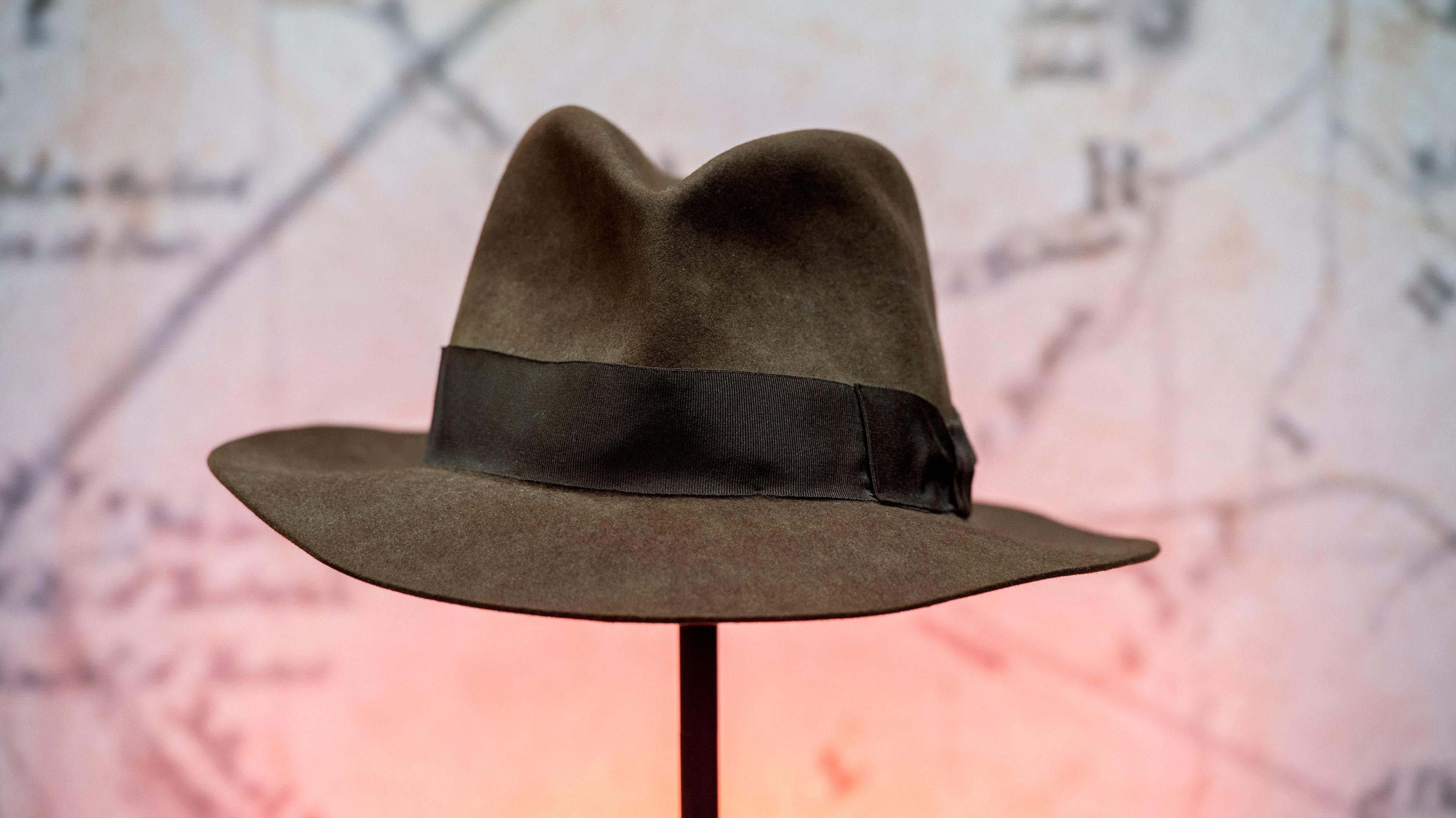 A hat from Indiana Jones and the Temple of Doom on display during an auction in 2021.