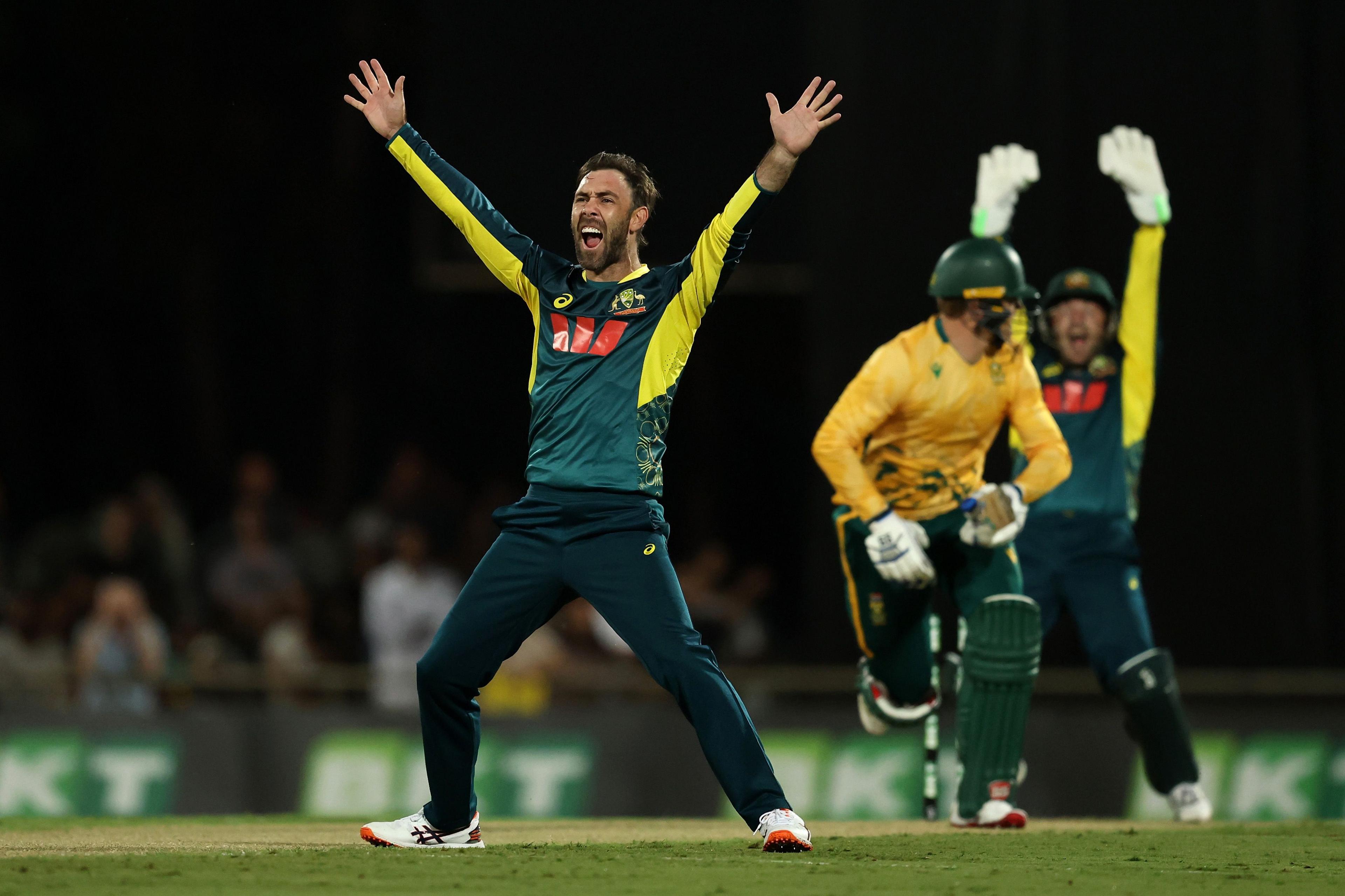Australia's Glenn Maxwell unsuccessfully appeals for the wicket of South Africa's Ryan Rickelton during game one of the T20 International series between Australia and South Africa at Marrara Stadium in Darwin, Australia. Photo by Robert Cianflone