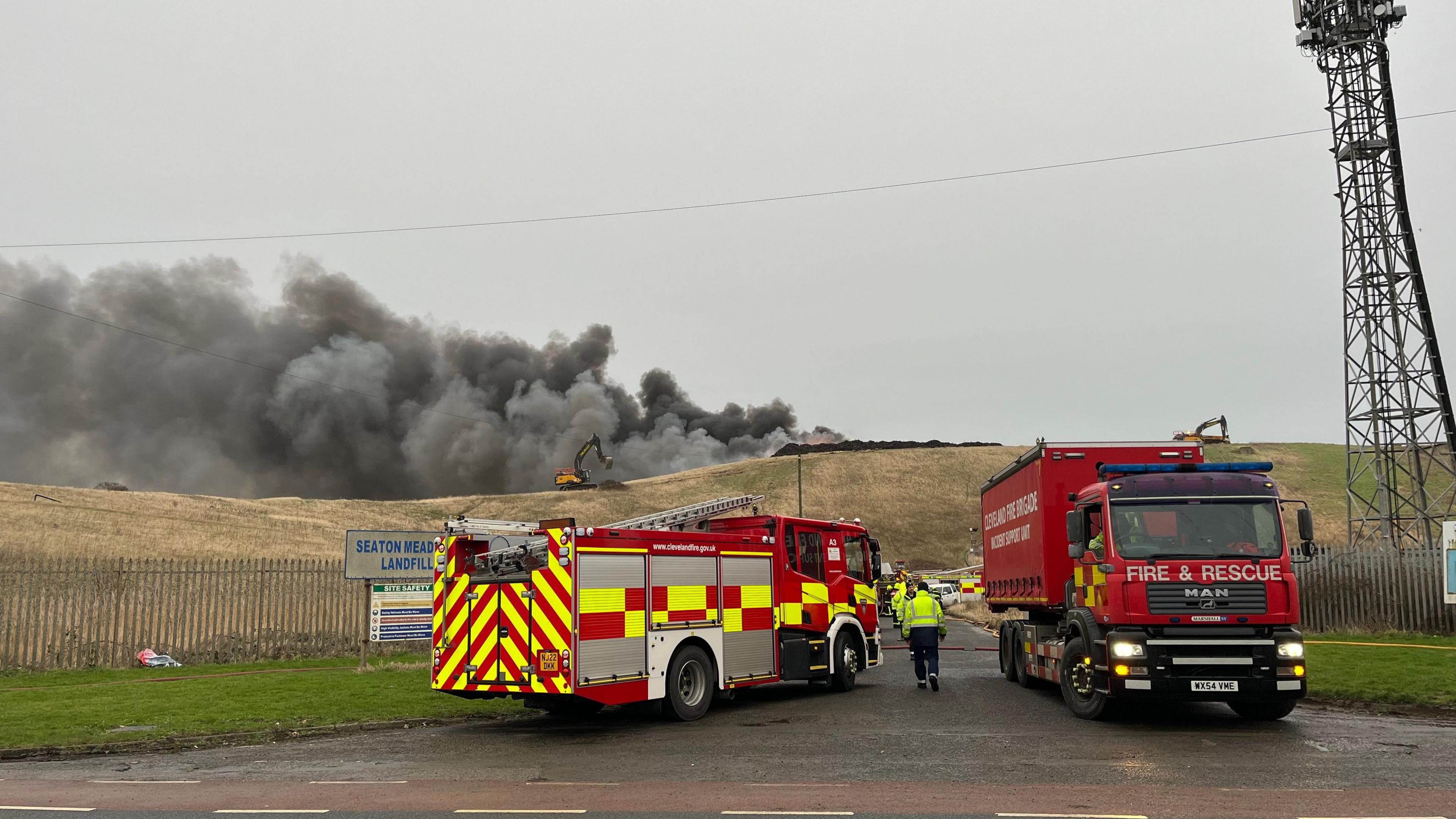 Fire engines at the scene of a fire at the landfill site in Hartlepool