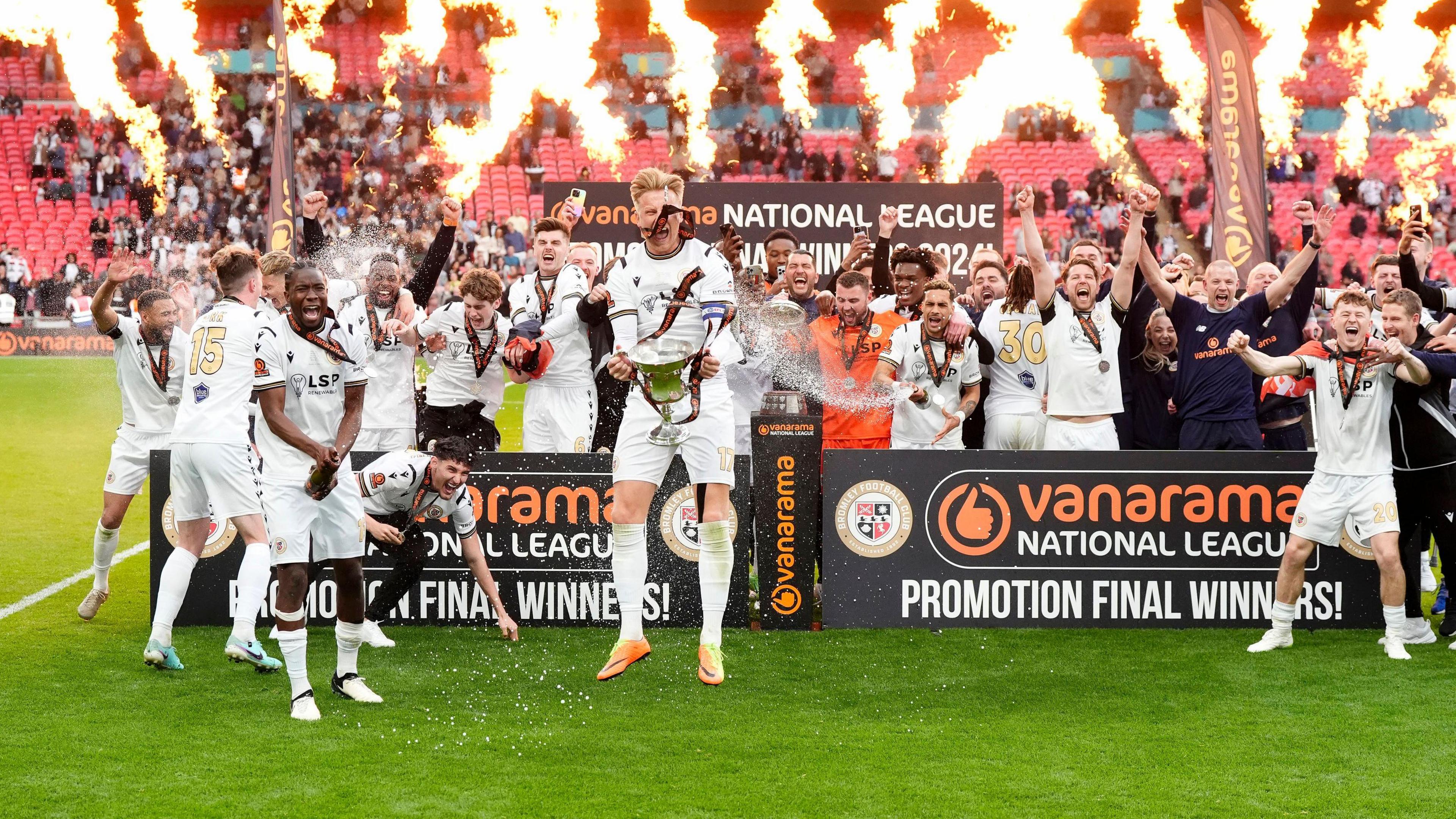 Bromley players celebrating winning the National League play-off final