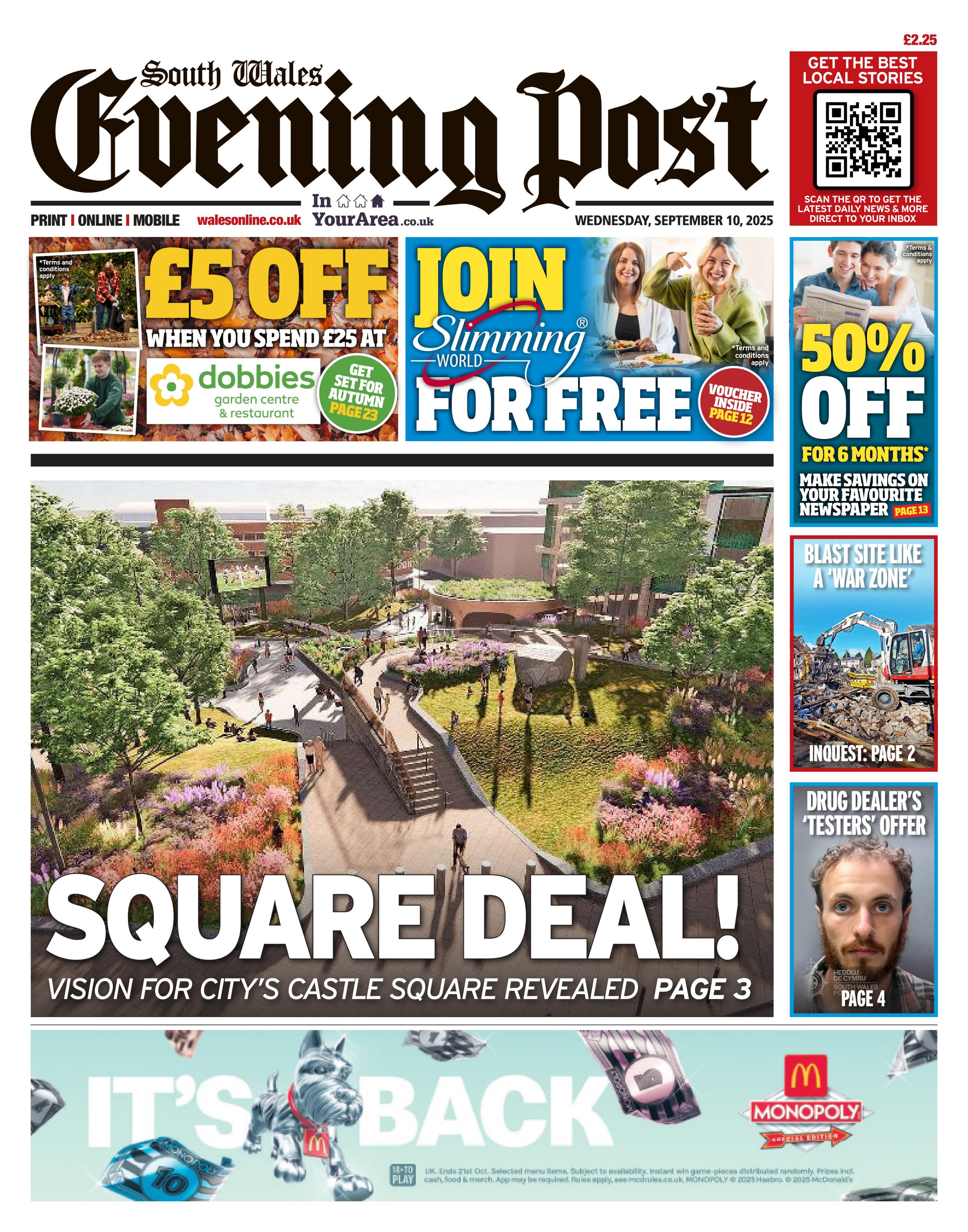 Main headline: Square deal!; Vision for city's castle square revealed. In front of image of 3d rendered image of the square.
