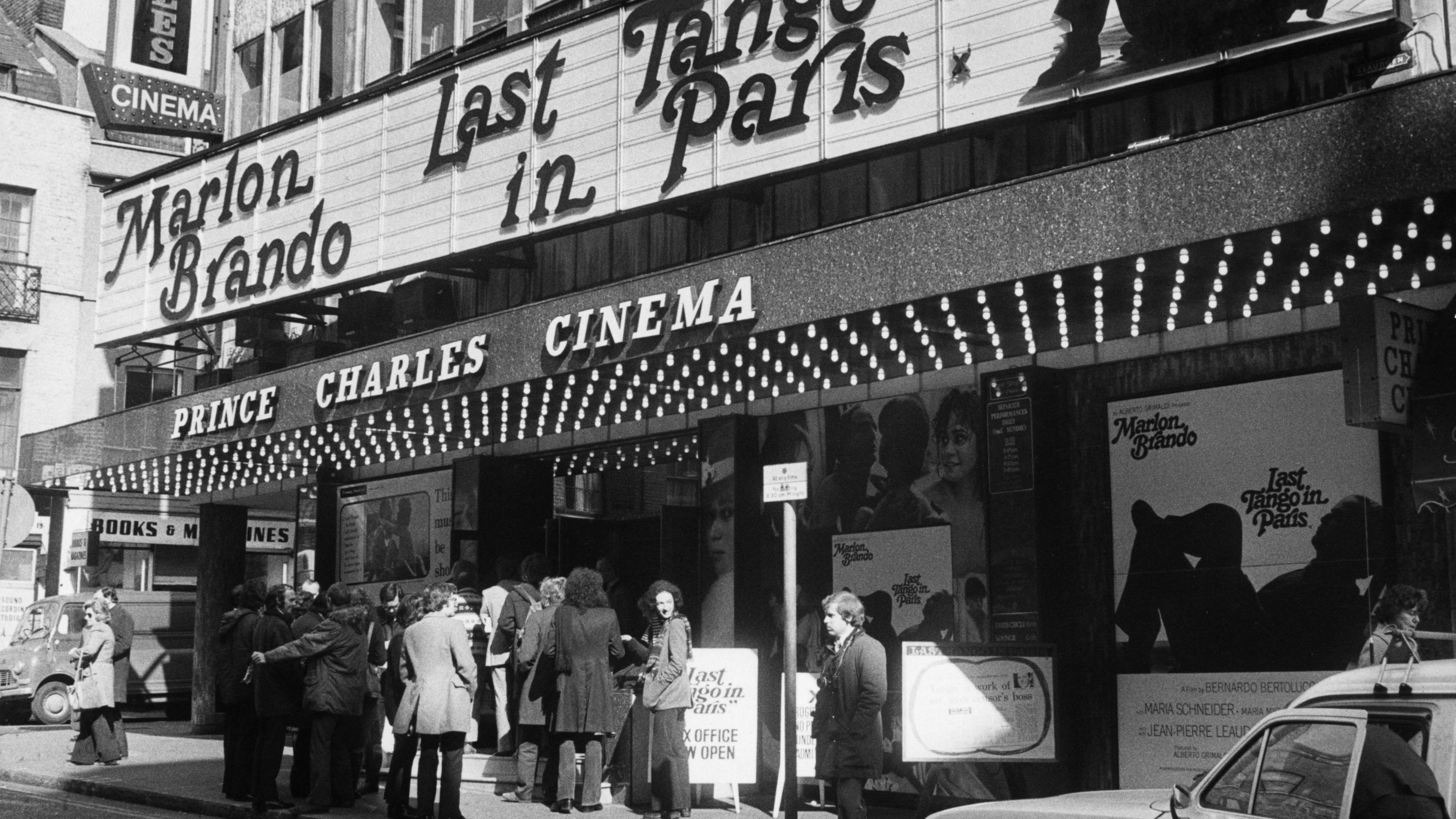 Black and white image of the cinema showing Last Tango in Paris 