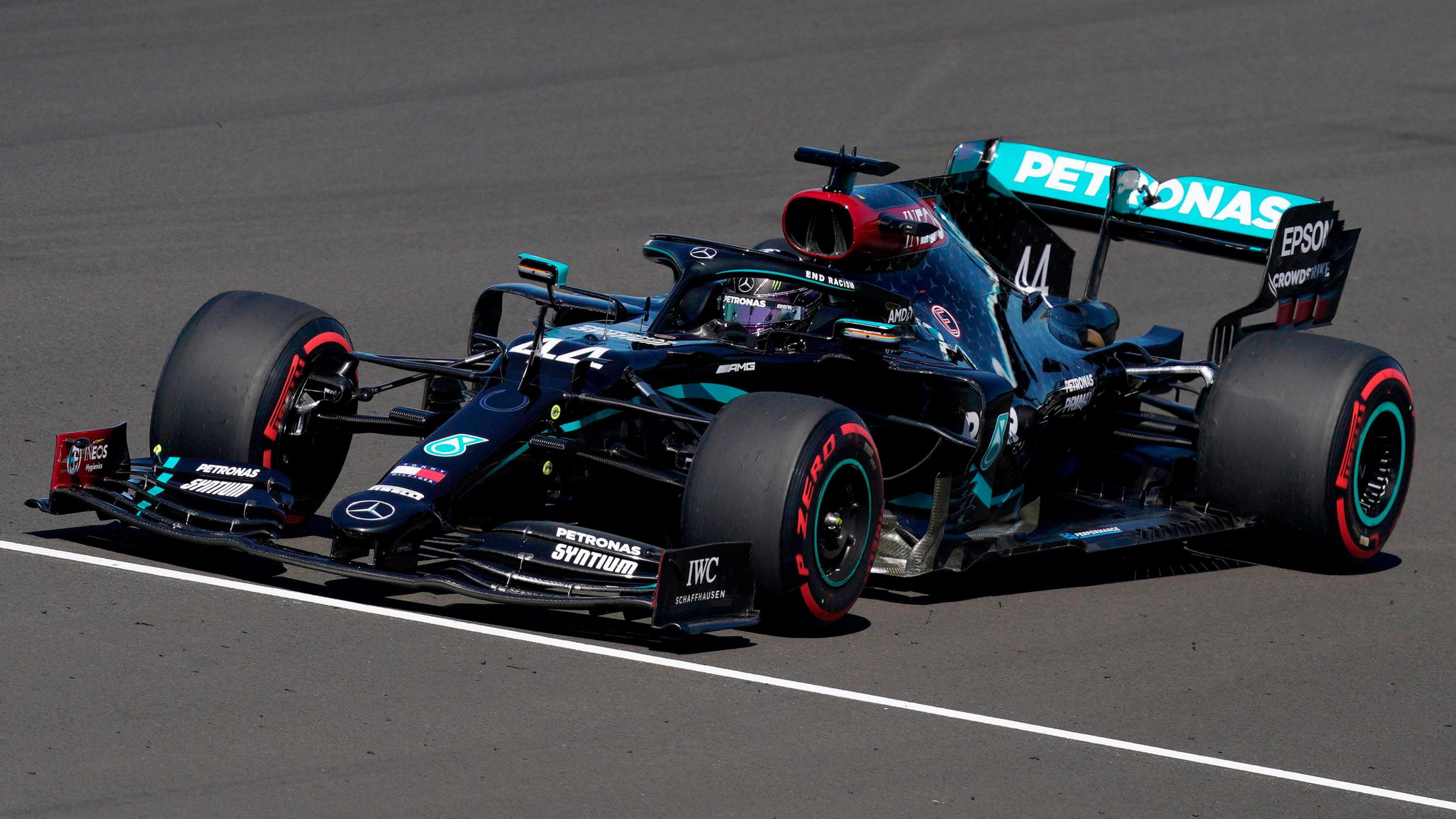 Lewis Hamilton driving the black 2020 Mercedes at Silverstone