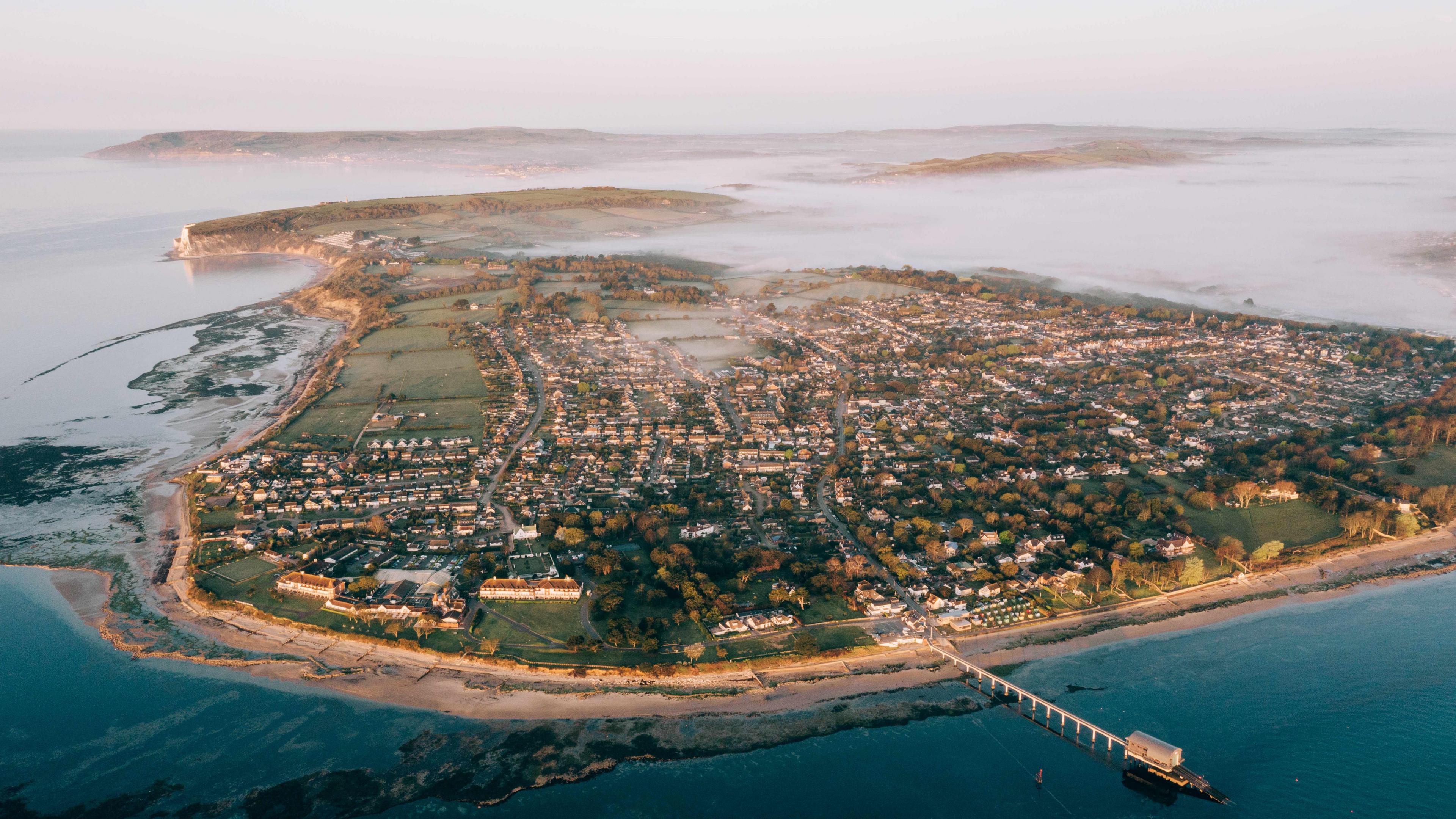 An aerial view of Bembridge, Isle of Wight at sunrise 