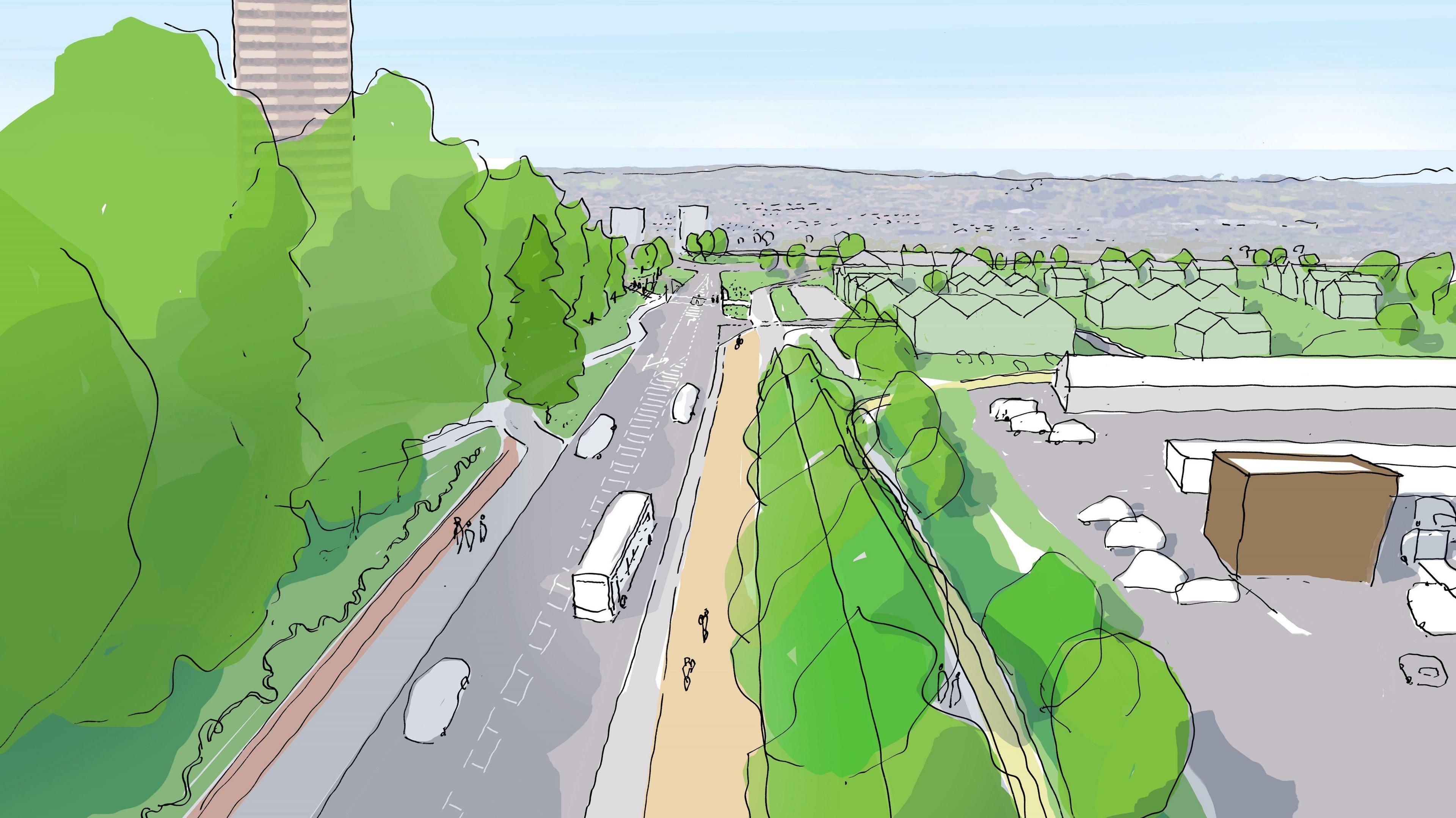 An artists impression of Askew Road. People walk alongside the road while a bus travels on it.