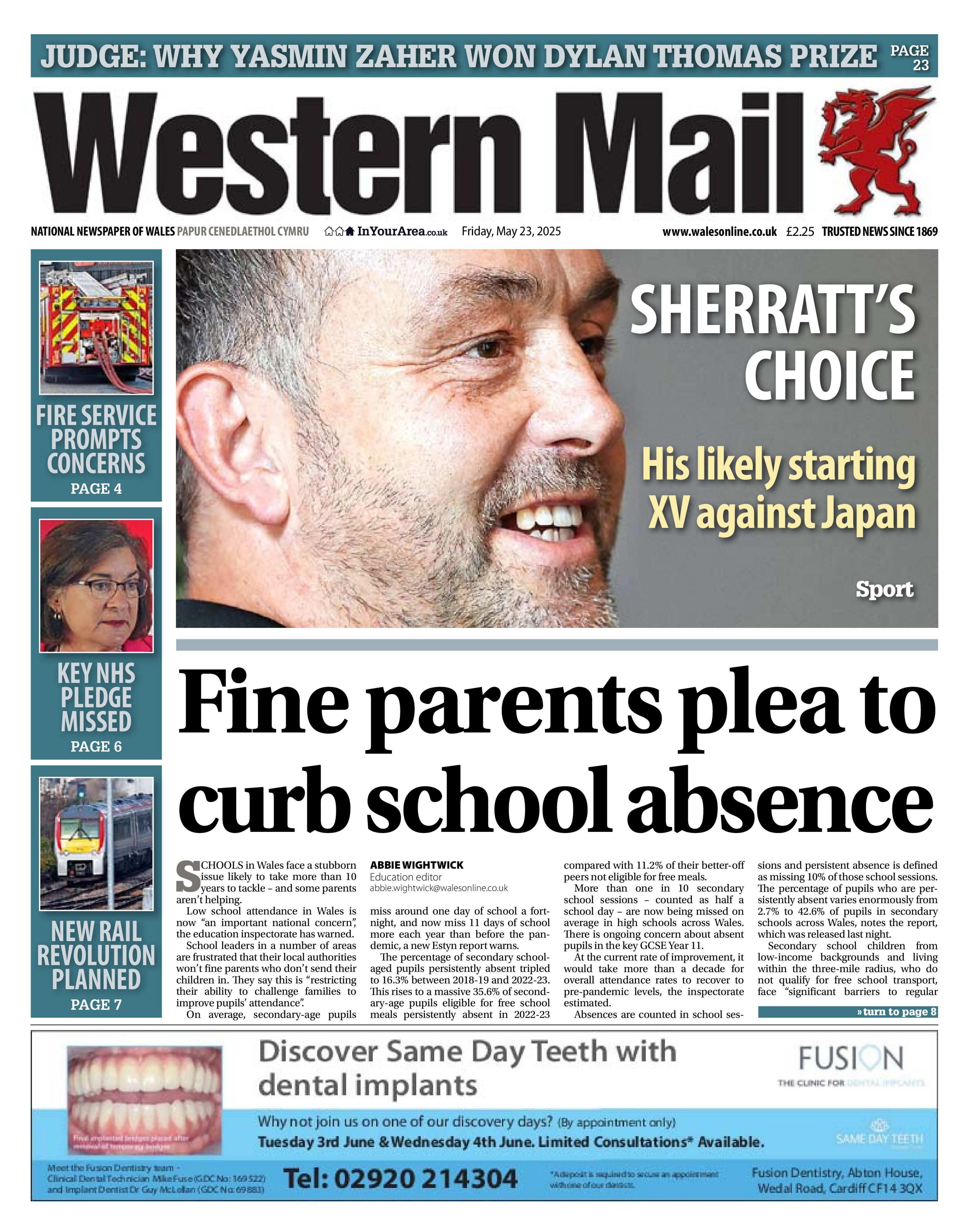 Western Mail newspaper front page shows main headline: Fine parents plea to curb school absence. Other headlines on the front page are: Sherratt's choice, his likely starting XV against Japan