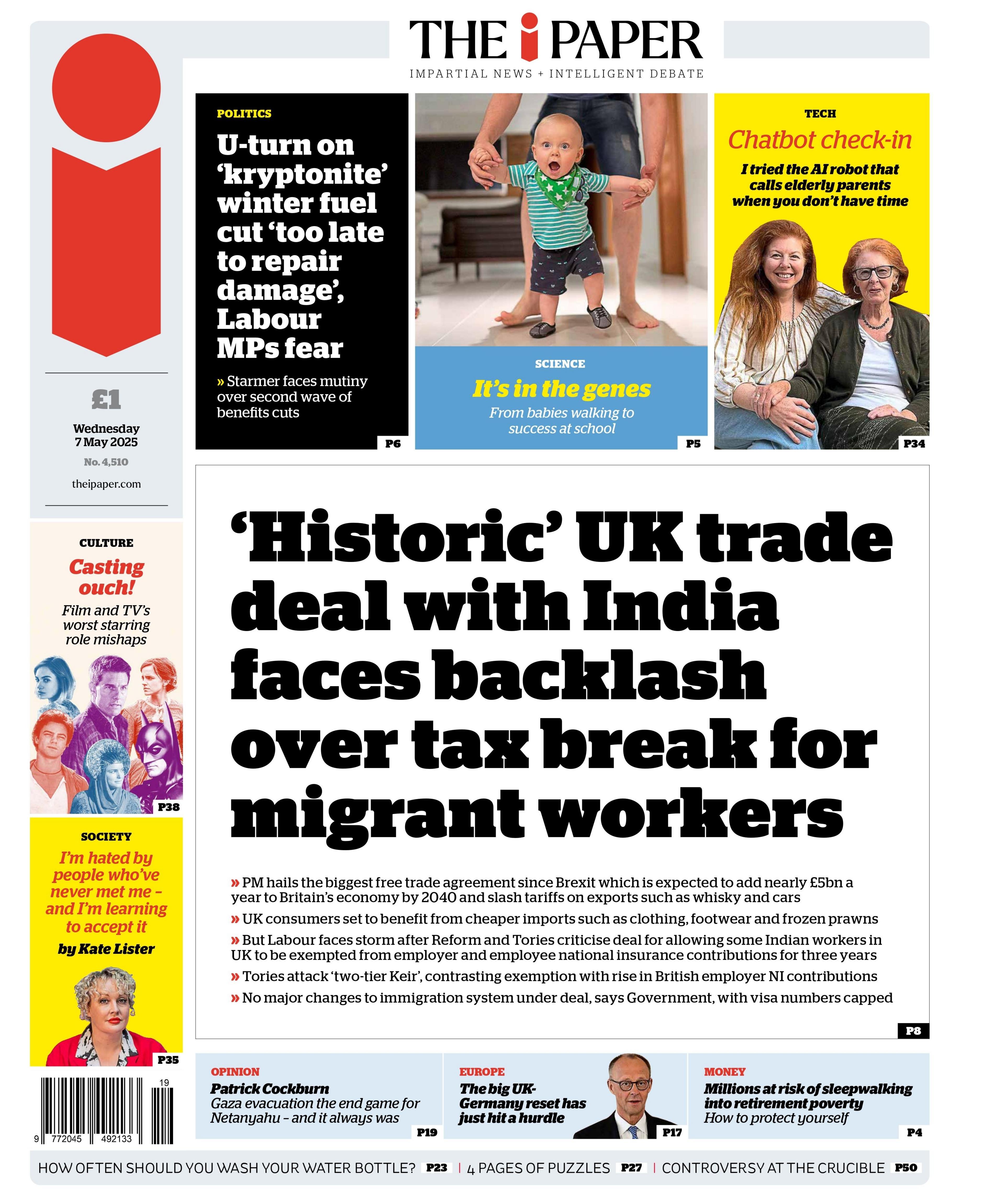 The headline on the front page of the i Newspaper reads: "'Historic' UK trade deal with India faces backlash over tax break for migrant workers"