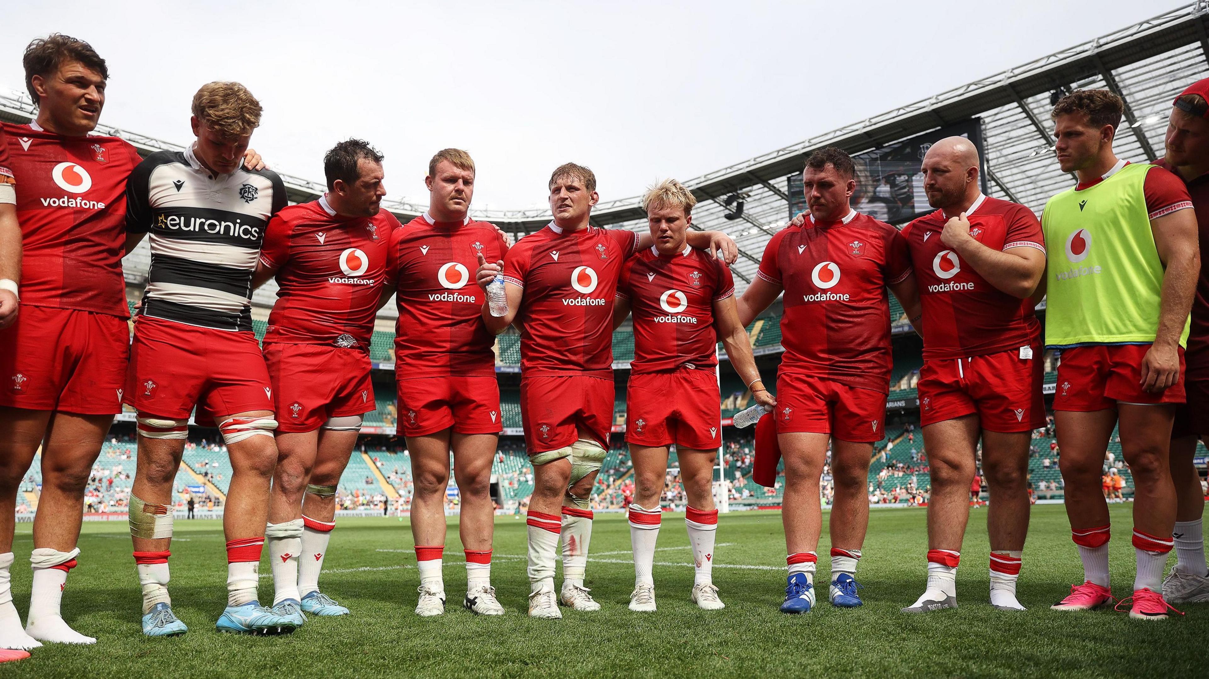 Wales players in a huddle after beating Barbarians 33-31 in an uncapped march at the Allianz Stadium in Twickenham.