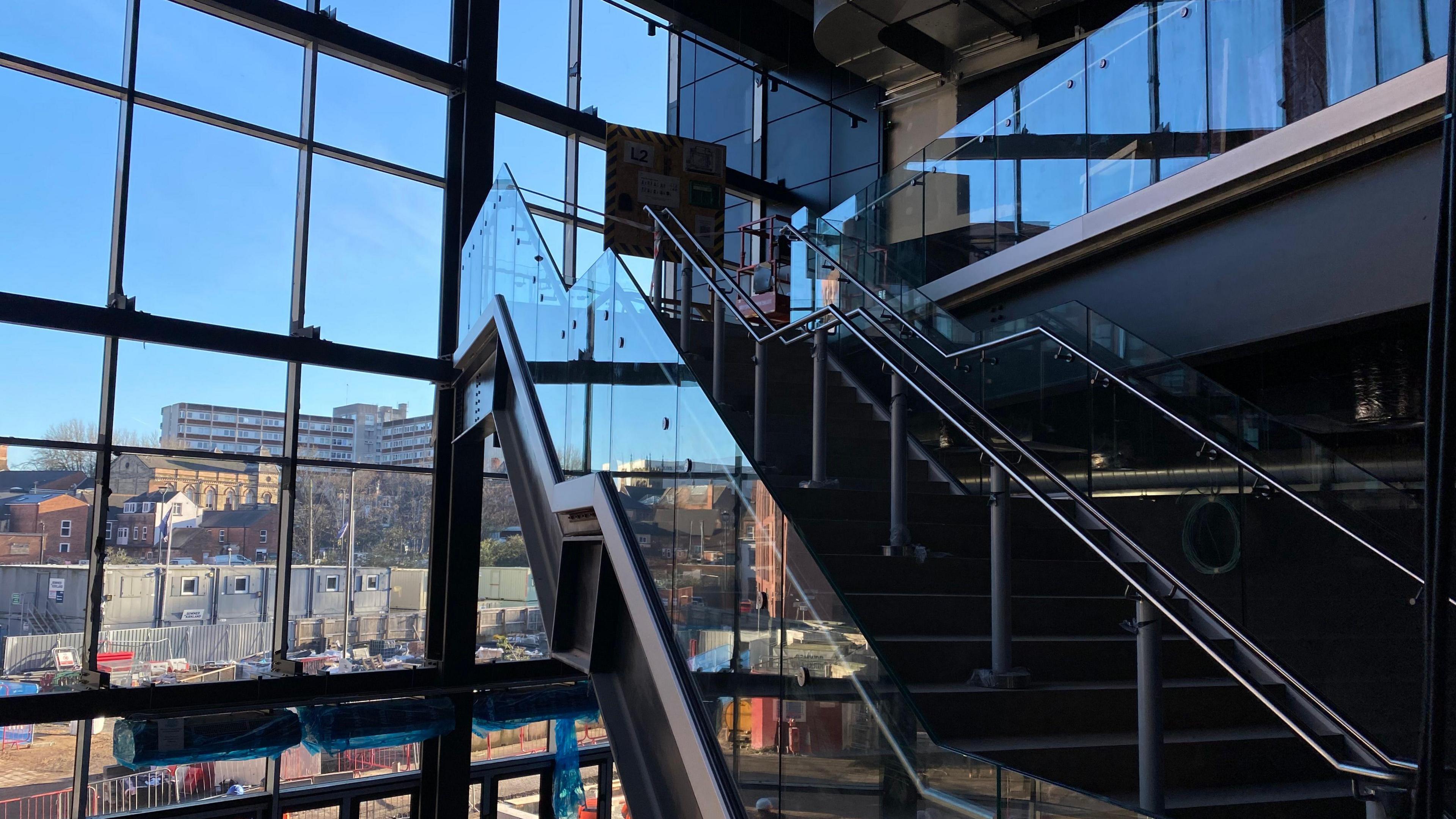 The stairwell at the main entrance of Becketwell Arena in Derby