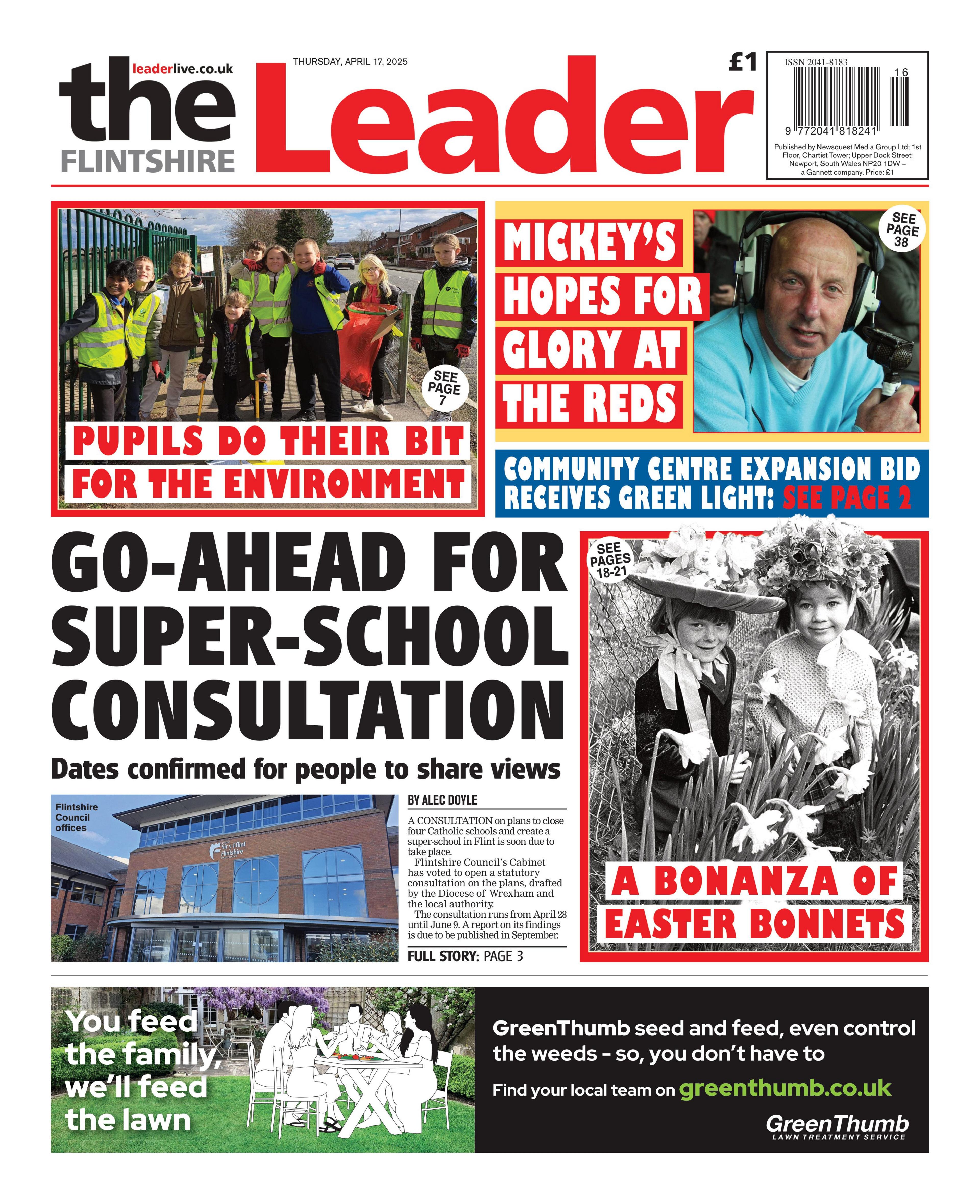 Front page of the Flintshire Leader. Main headline reads: Go-ahead for super-school consultation. Other headlines read: Pupils do their bit for the environment. 