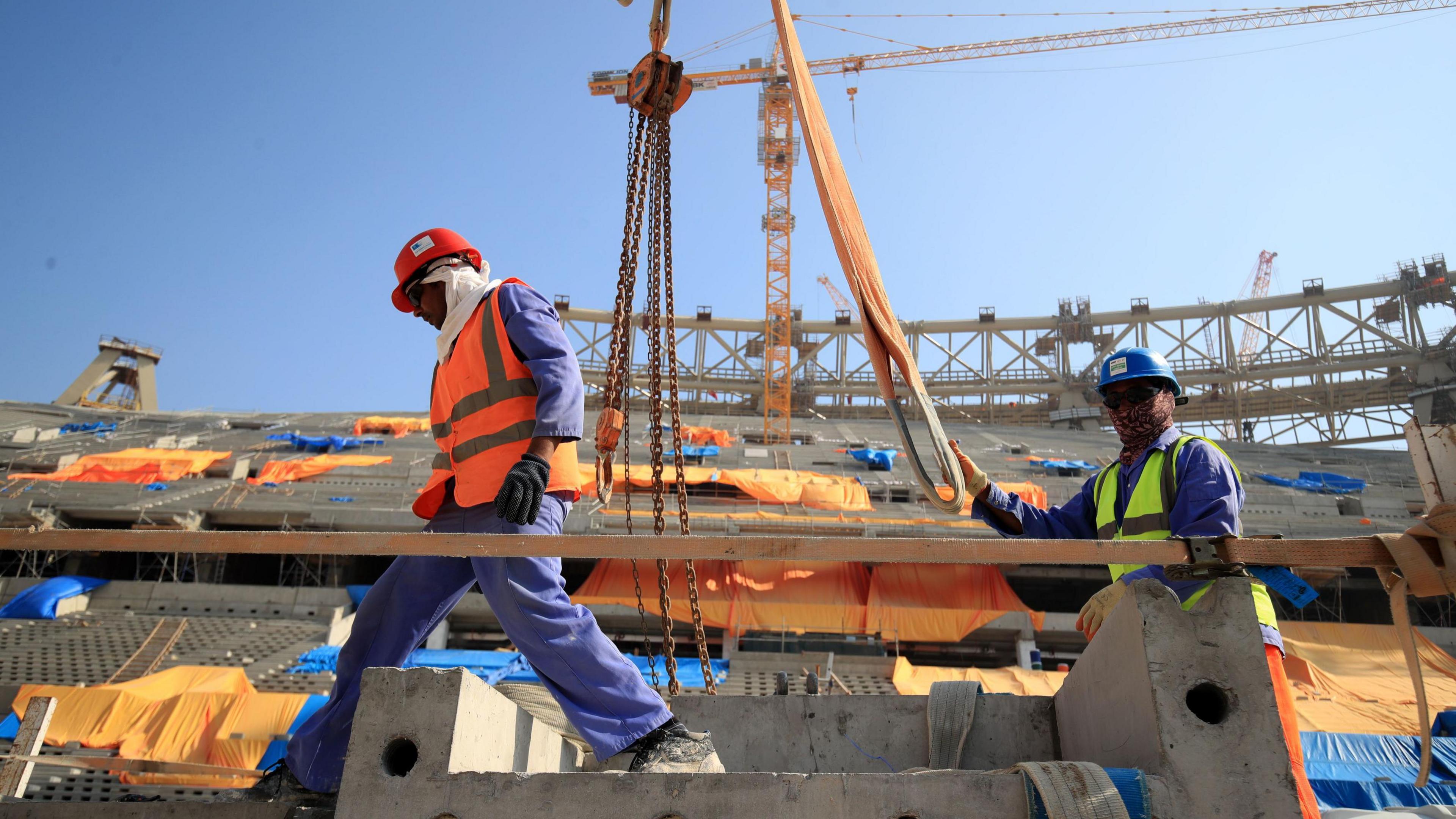 Construction workers at the Lusail Stadium in Lusail, Qatar, in 2019