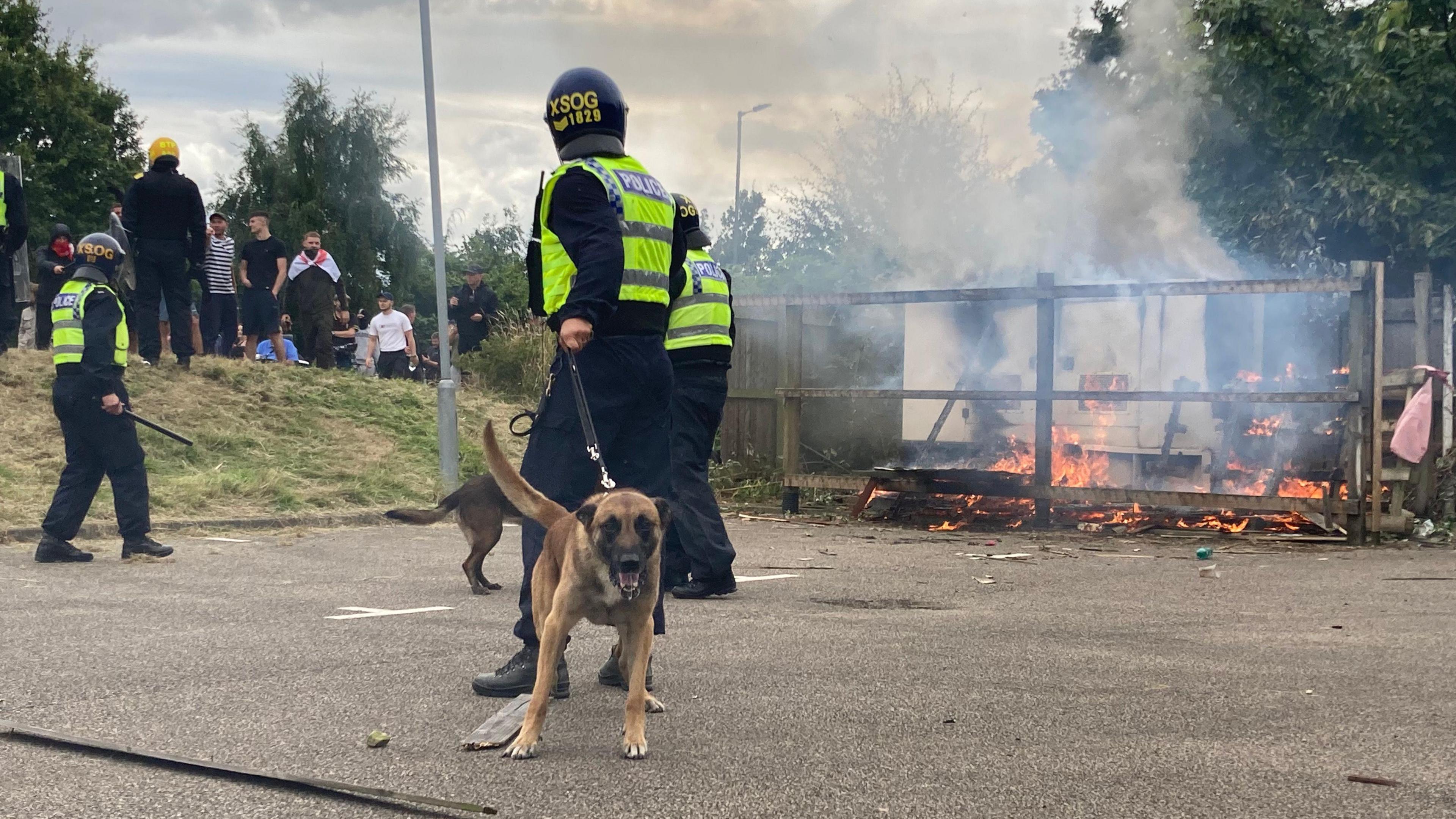 Three police officers and two police dogs can be seen in front of a fire. A group of men is standing on a grass verge next to it.