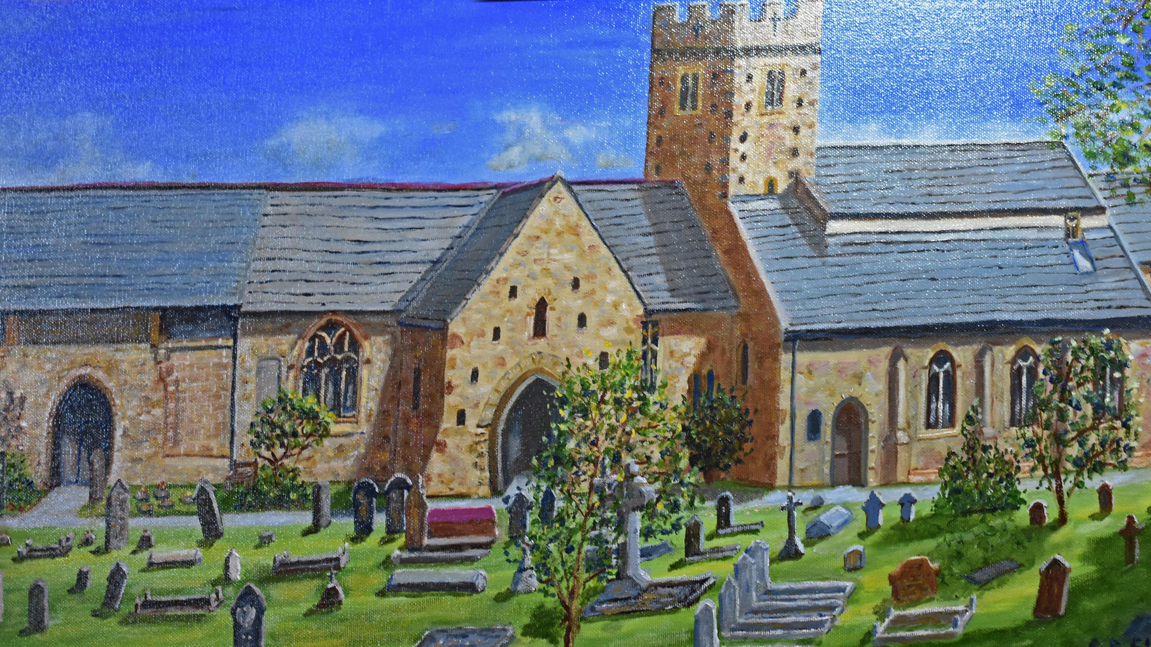 Oil painting of St Illtud's by David Ellis, showing the building, graveyard and trees against a blue sky
