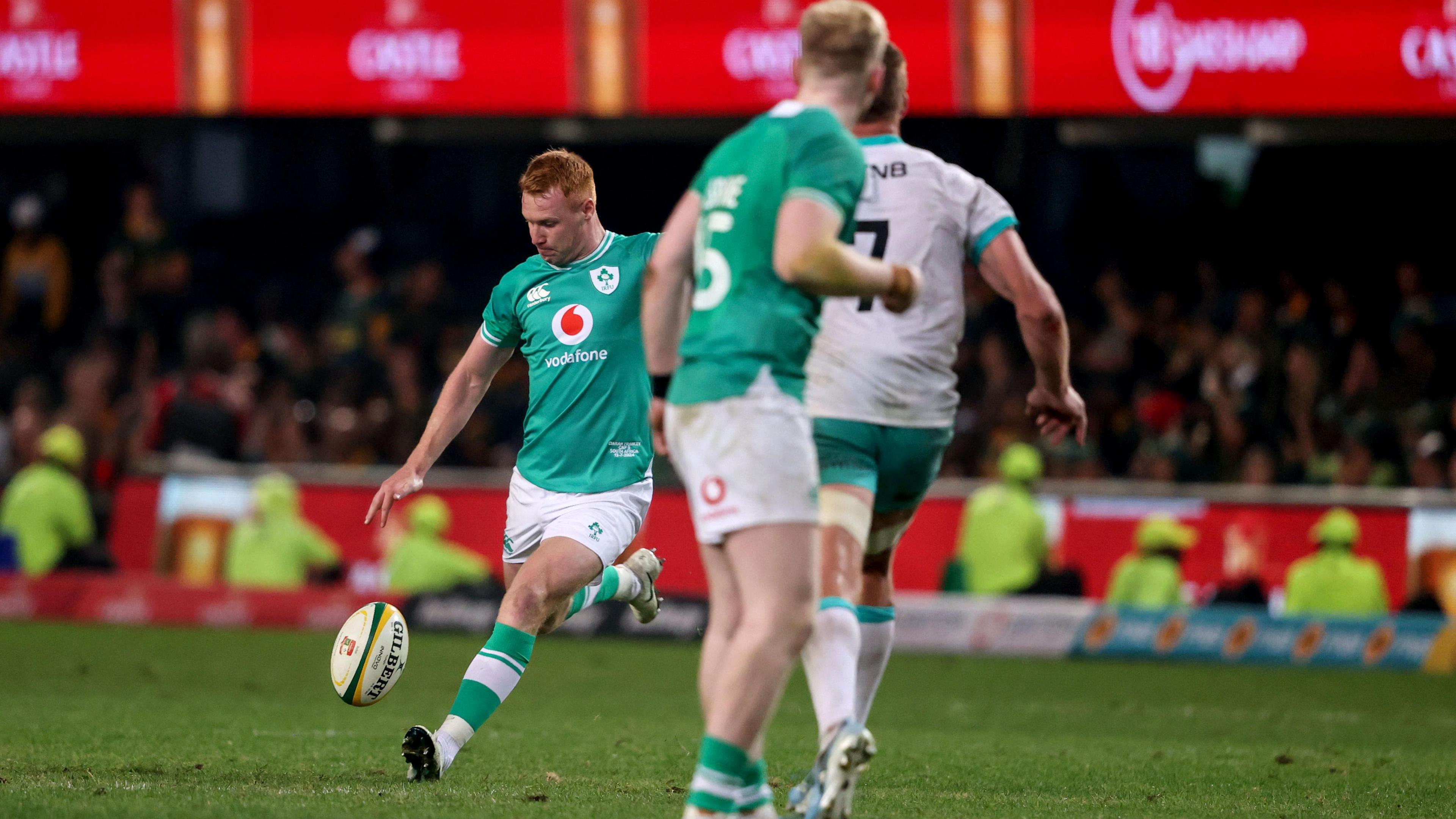 Ciaran Frawley kicks a game-winning drop goal against the Springboks