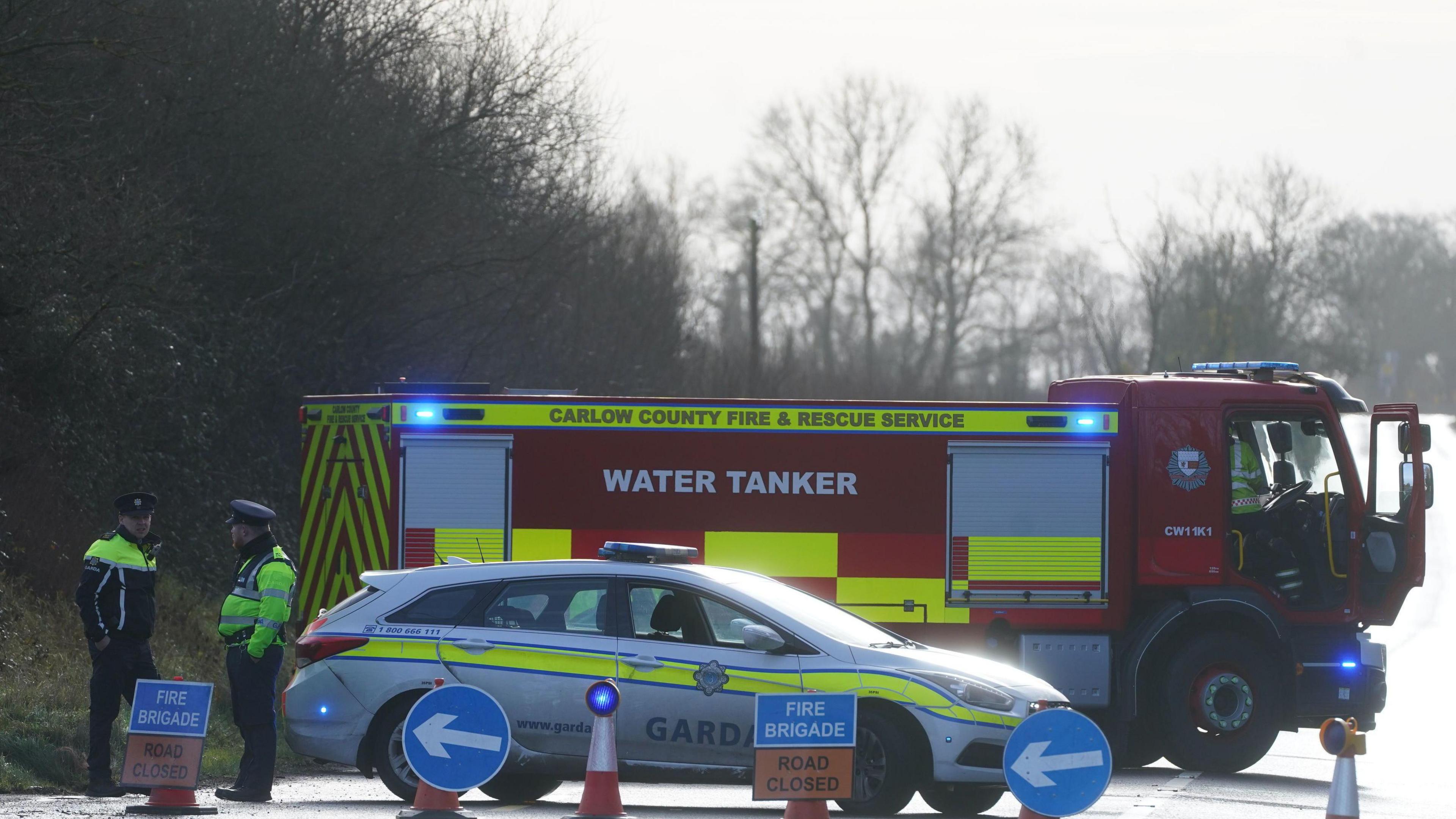 Emergency services at a roadblock on the N80 at Leagh on the Wexford Road, in Co Carlow