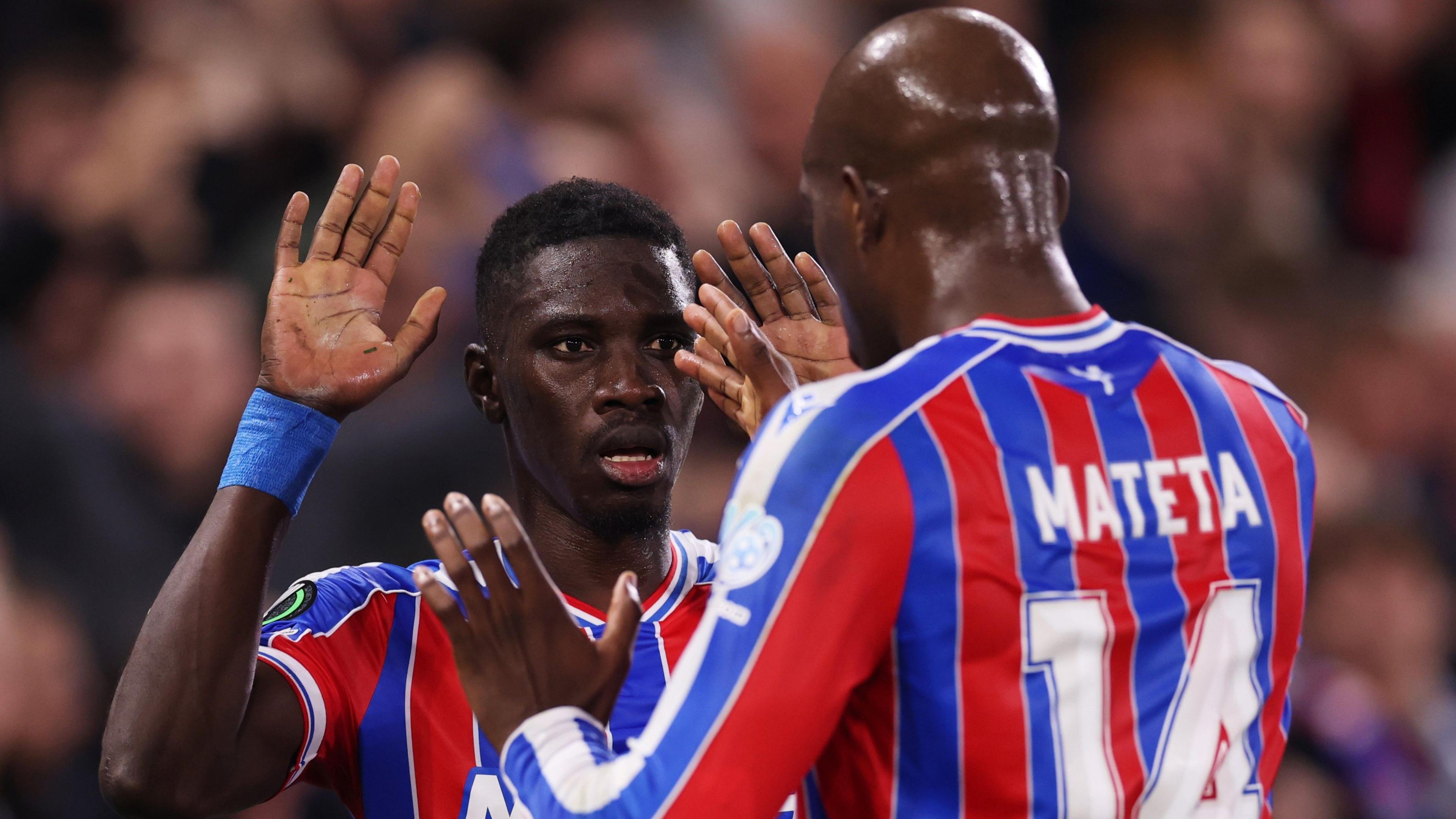 Jean-Philippe Mateta and Ismaila Sarr celebrate Crystal Palace victory over AZ Alkmaar in Europa Conference League