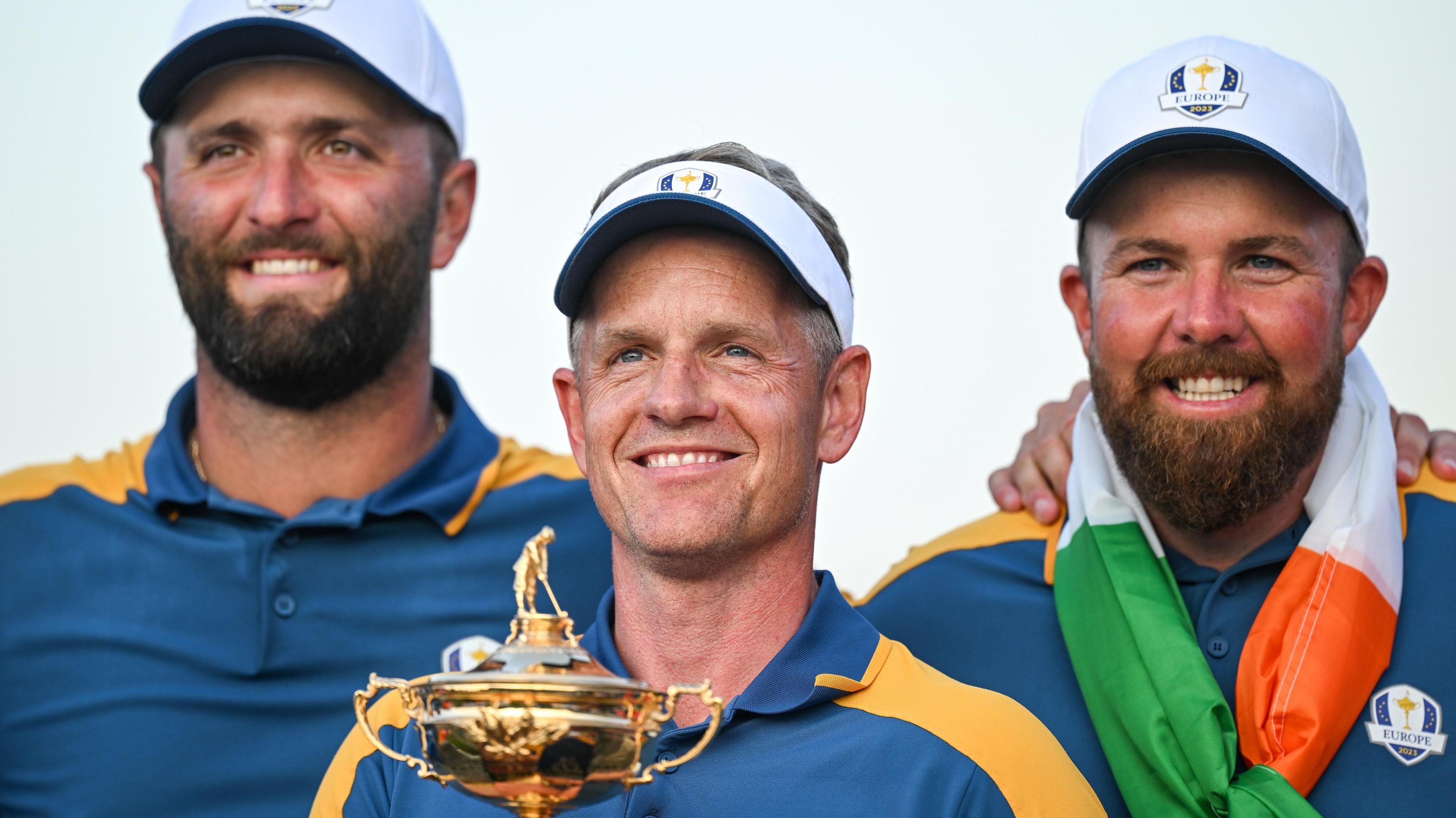 Jon Rahm, Luke Donald and Shane Lowry celebrate winning the Ryder Cup in 2023