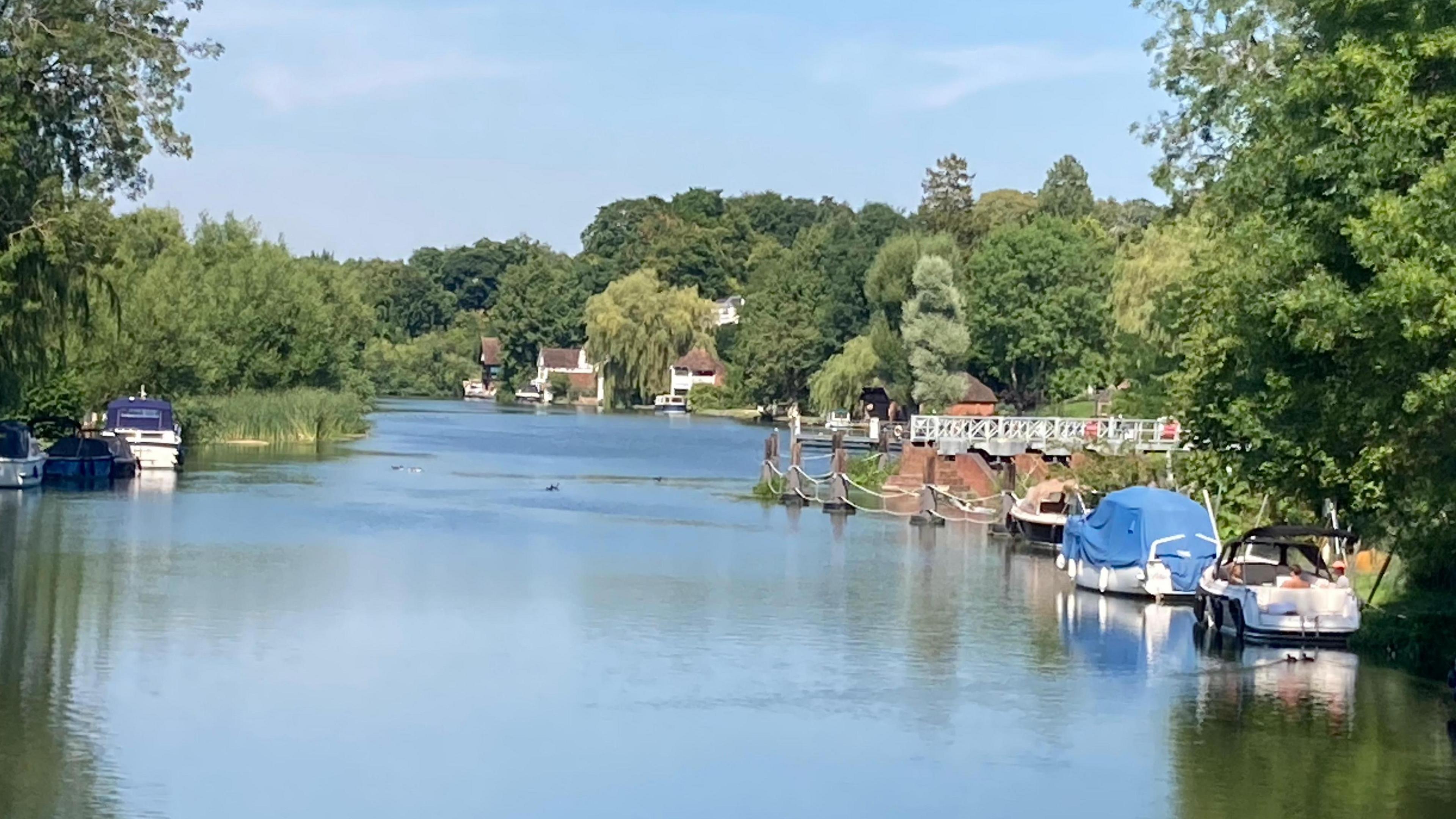 A waterway with a handful of boats moored up. Houses can be seen on the bank further down the river.