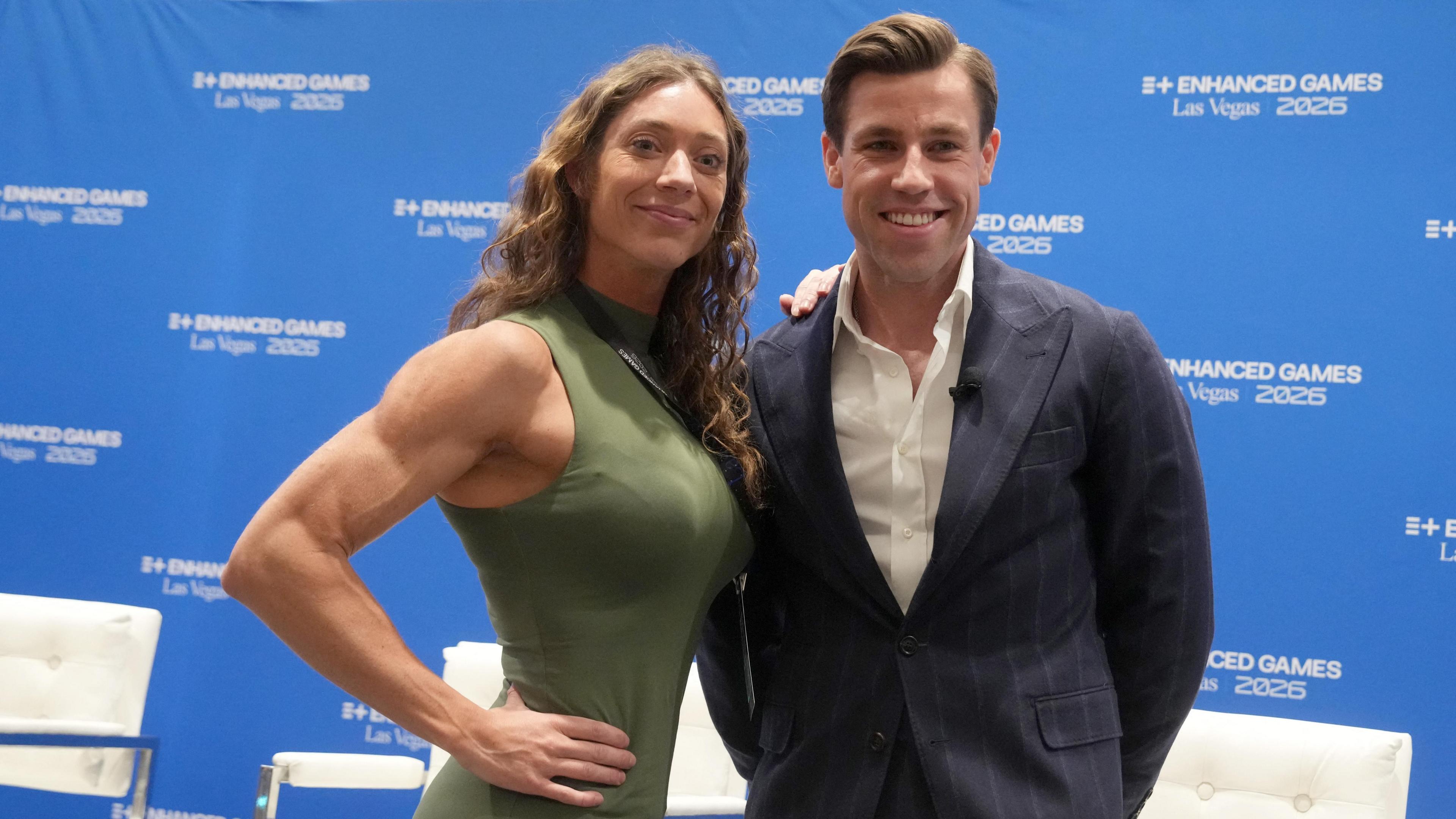Dr. Nicole Rakowski (left) and Enhanced Games co-founder Max Martin pose during Enhanced Games press conference at Resorts World Las Vegas. 