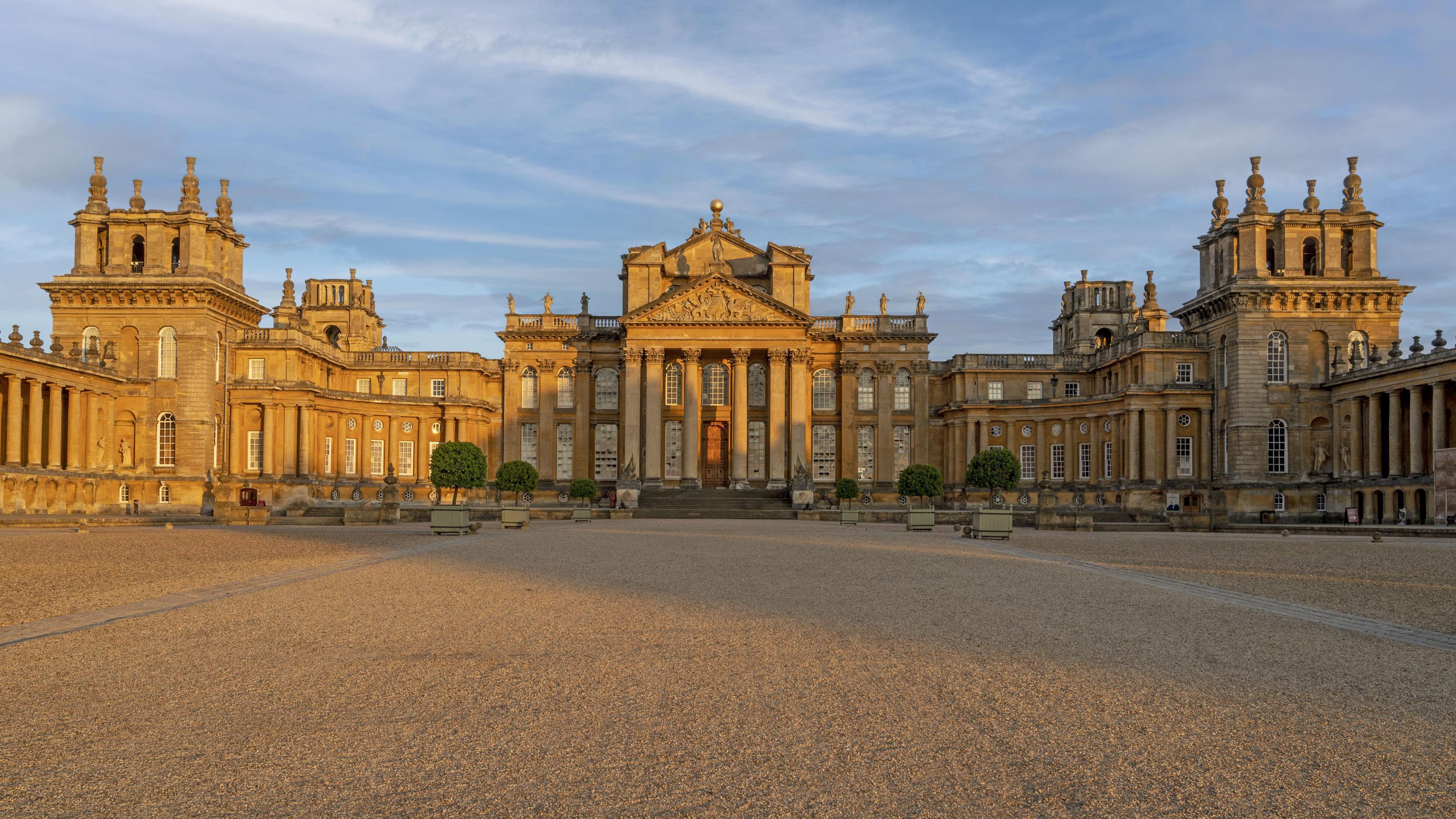 The dramatic front facade of Blenheim Palace, which is a large 18th century stately home in Oxfordshire.