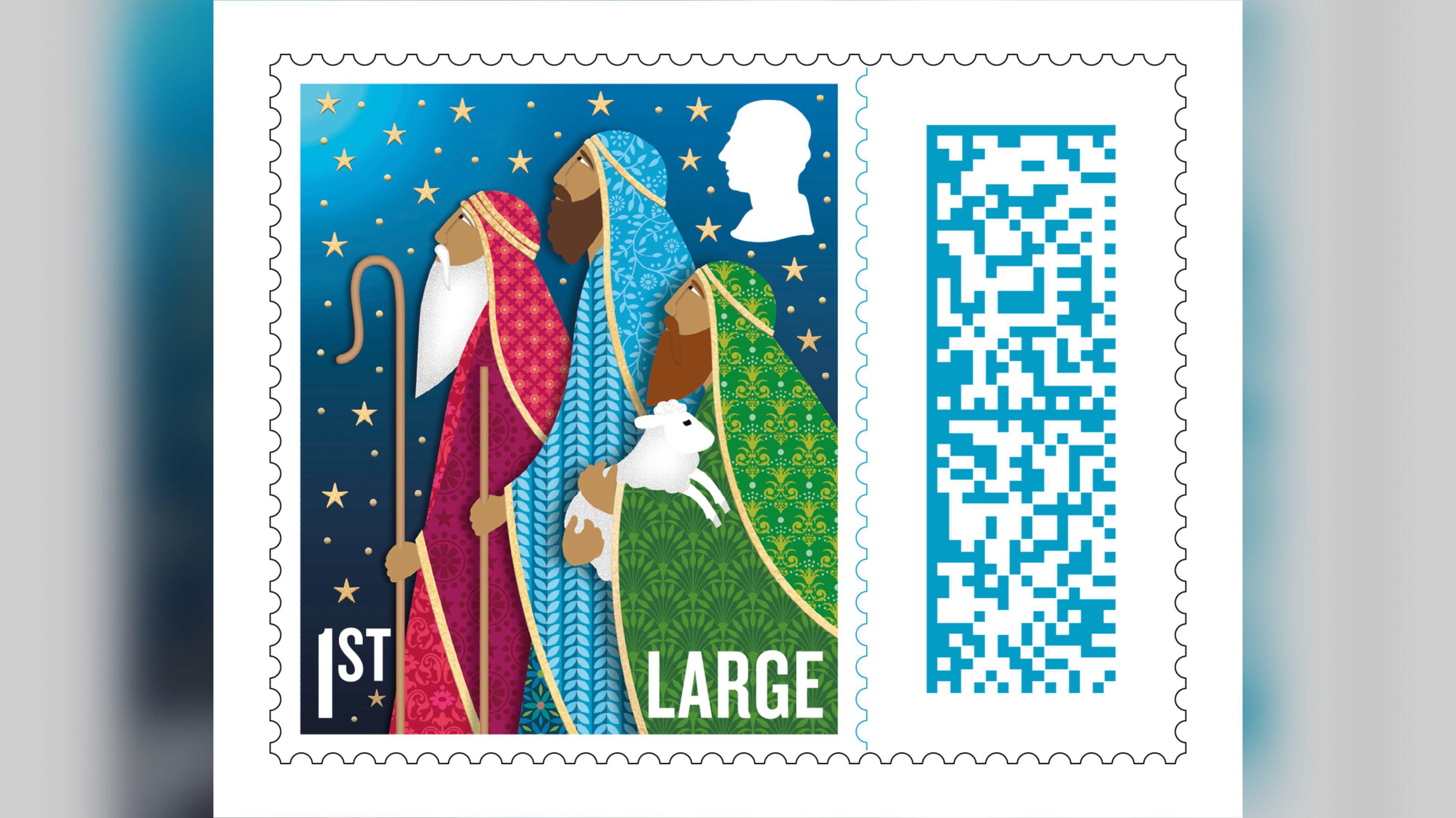 An illustration of three shepherds in cloaks holding staffs one of them with a lamb. One is dressed in green, one in blue and one in red. Behind them is a blue sky with gold stars.