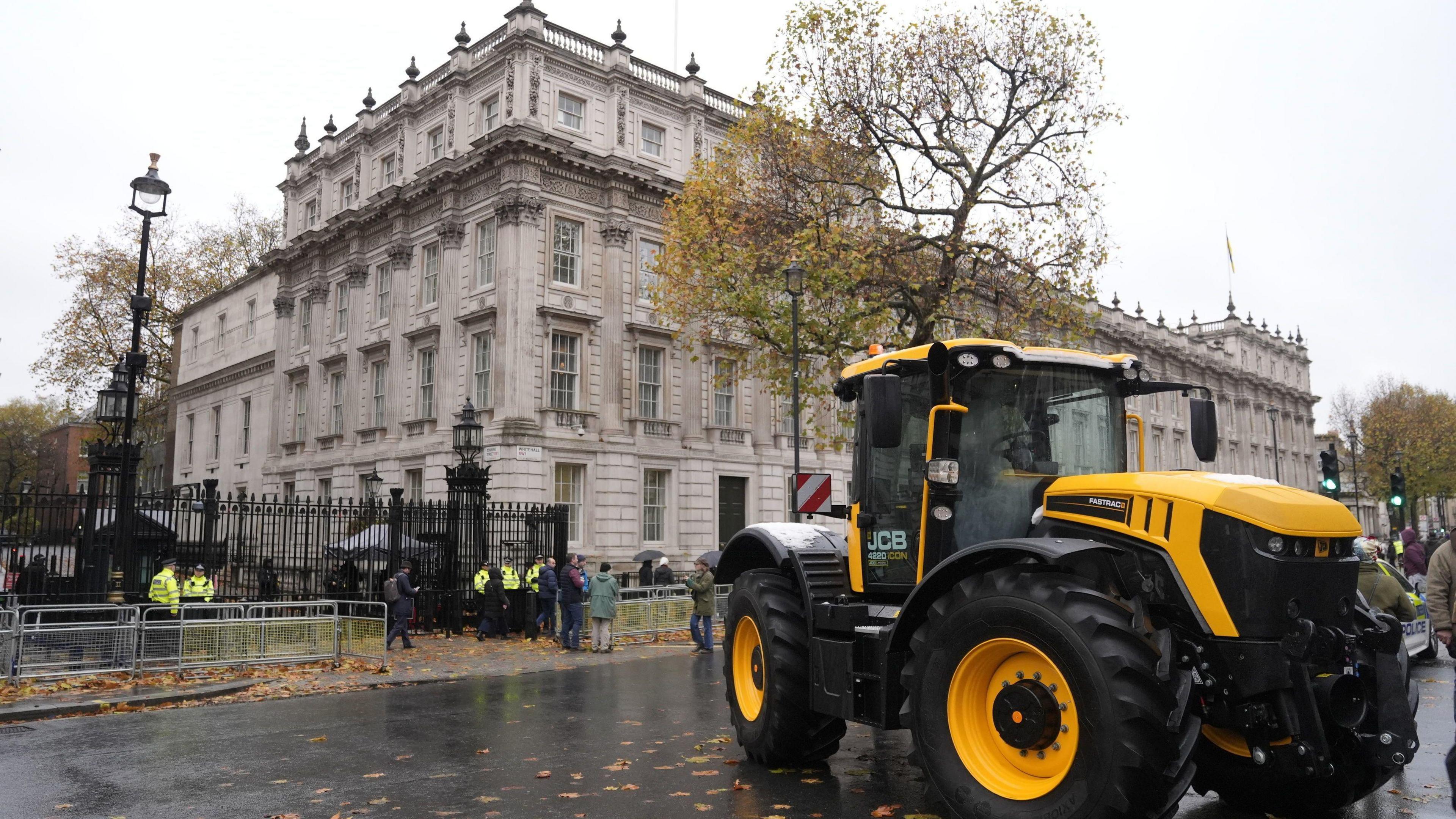 A tractor outside Downing Street as farmers gather to protest in central London over the changes to inheritance tax 