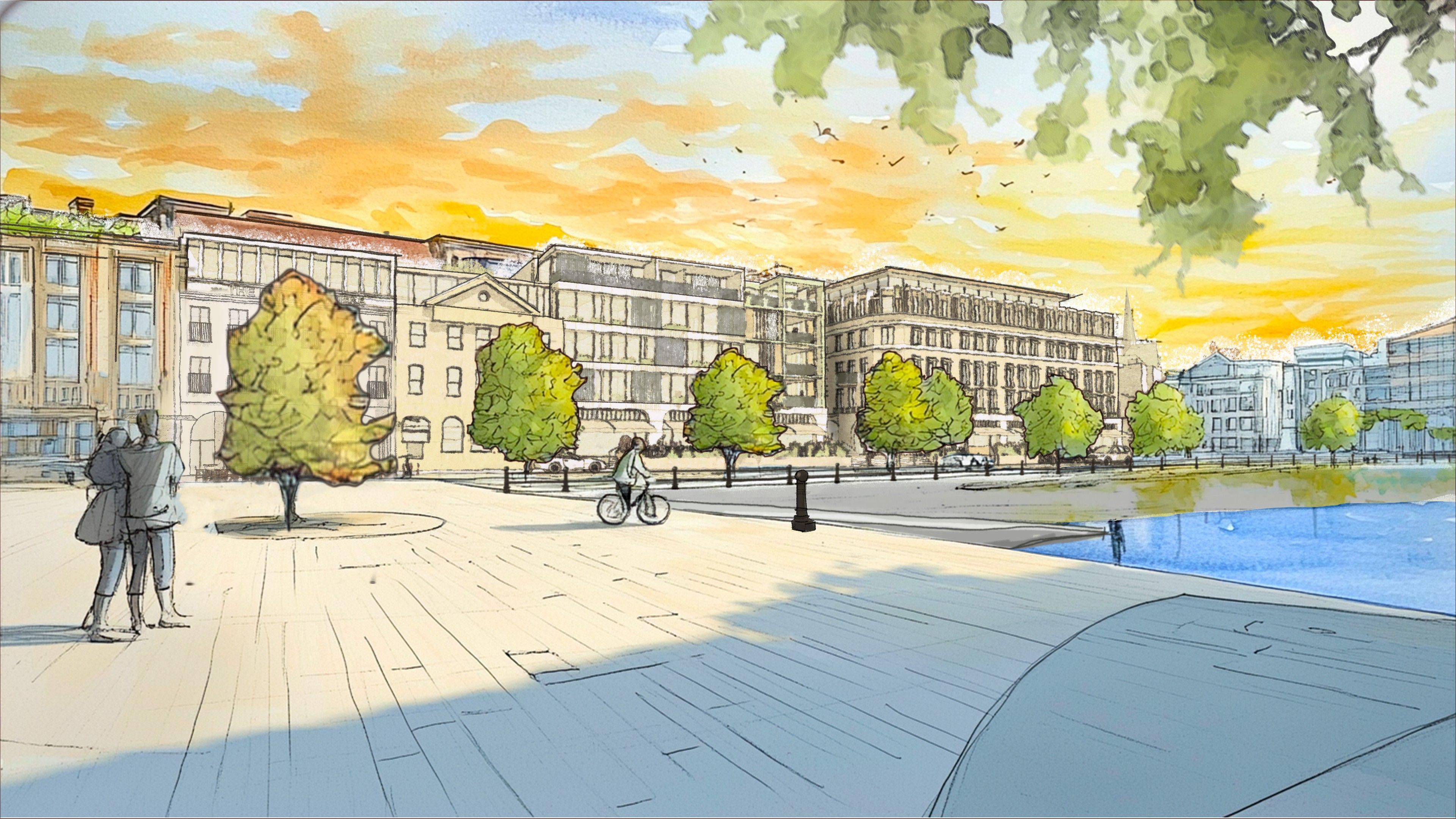 An artist's impression of what Torquay harbourside could look like according to an early design plan. There are trees, water features, and large buildings overlooking the harbour.