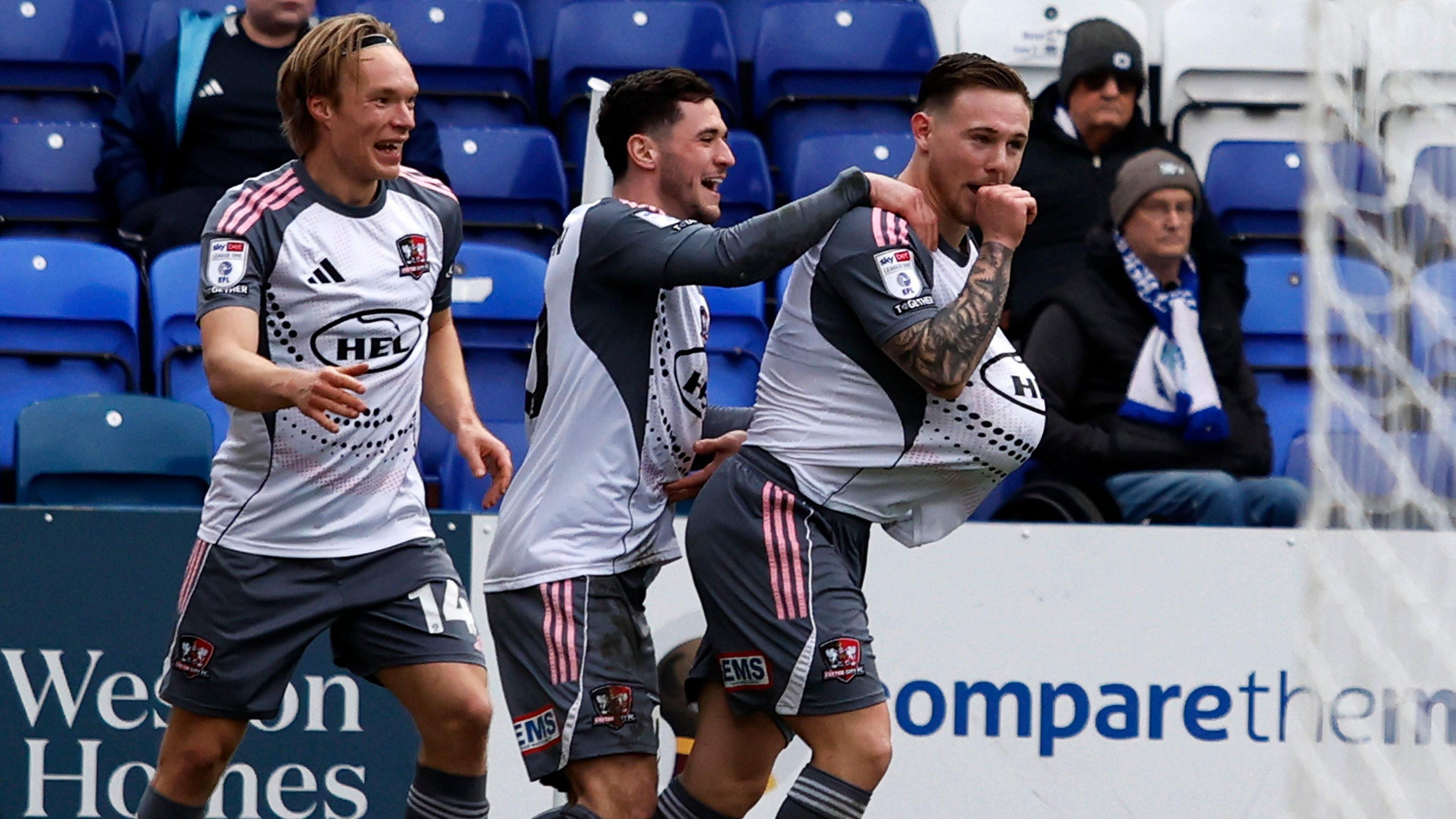 Jayden Wareham celebrates scoring for Exeter City