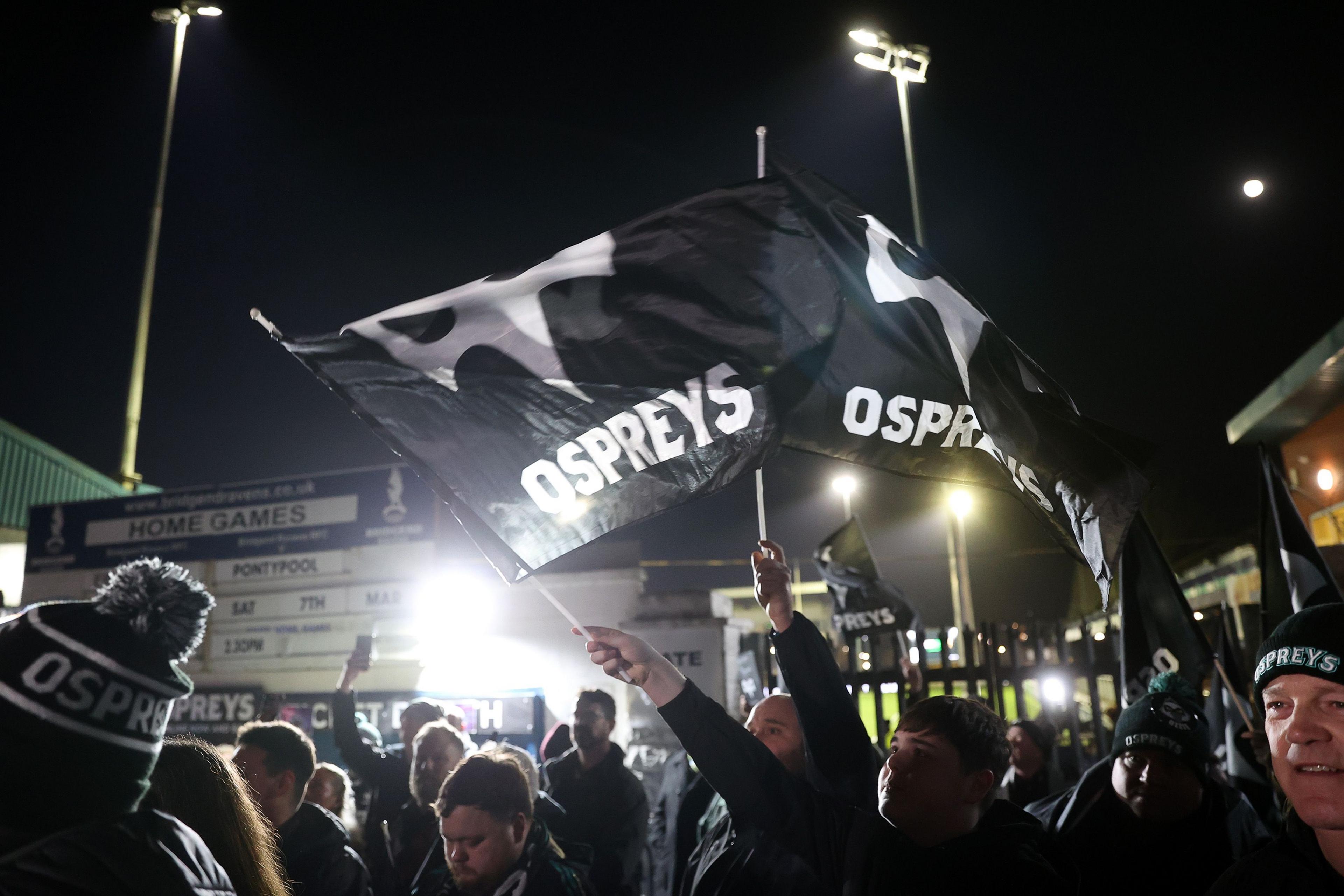 Ospreys supporters protest against the Welsh Rugby Union in Bridgend