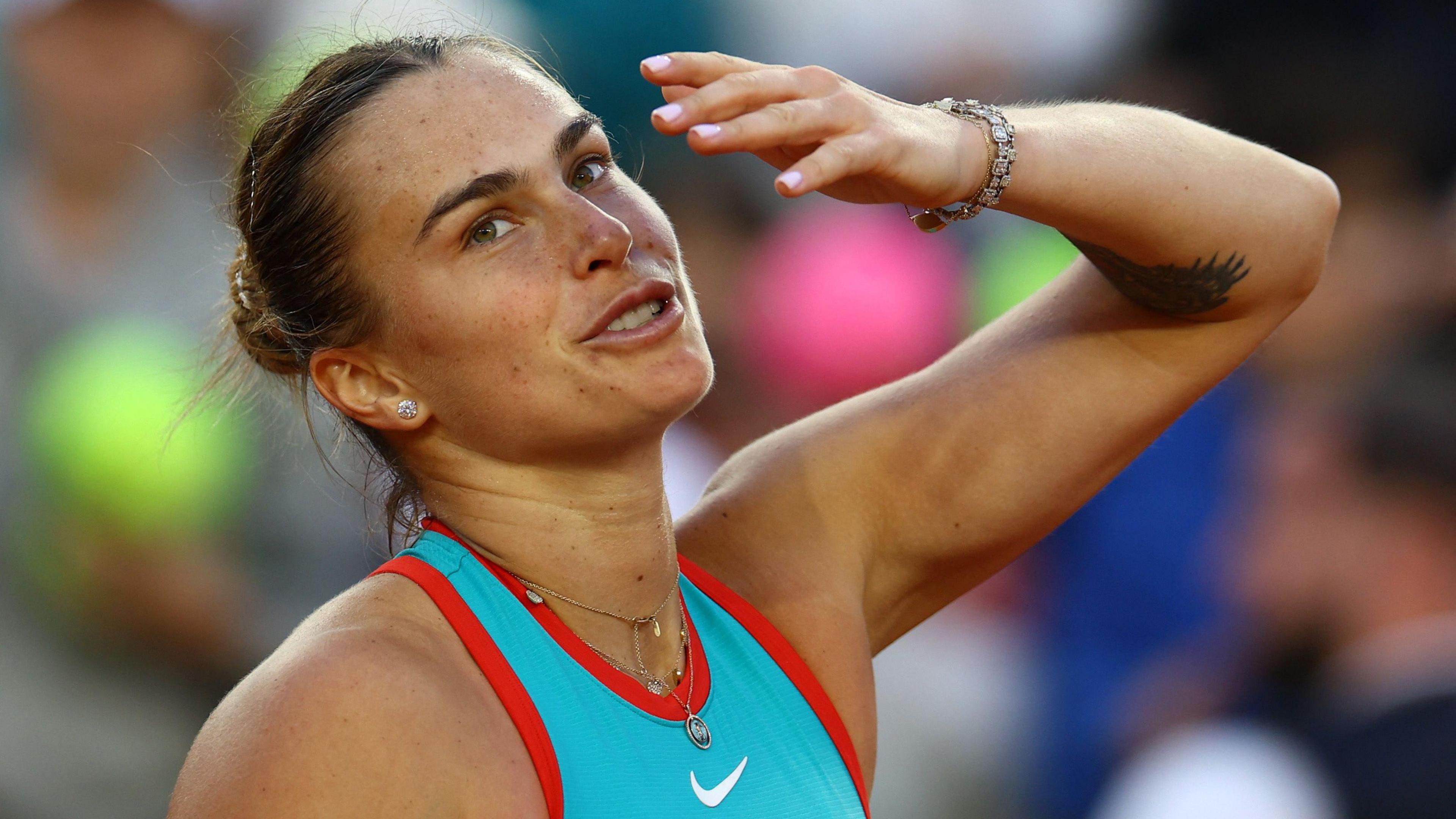Belarus' Aryna Sabalenka celebrates winning her second round match against Switzerland's Jil Teichmann