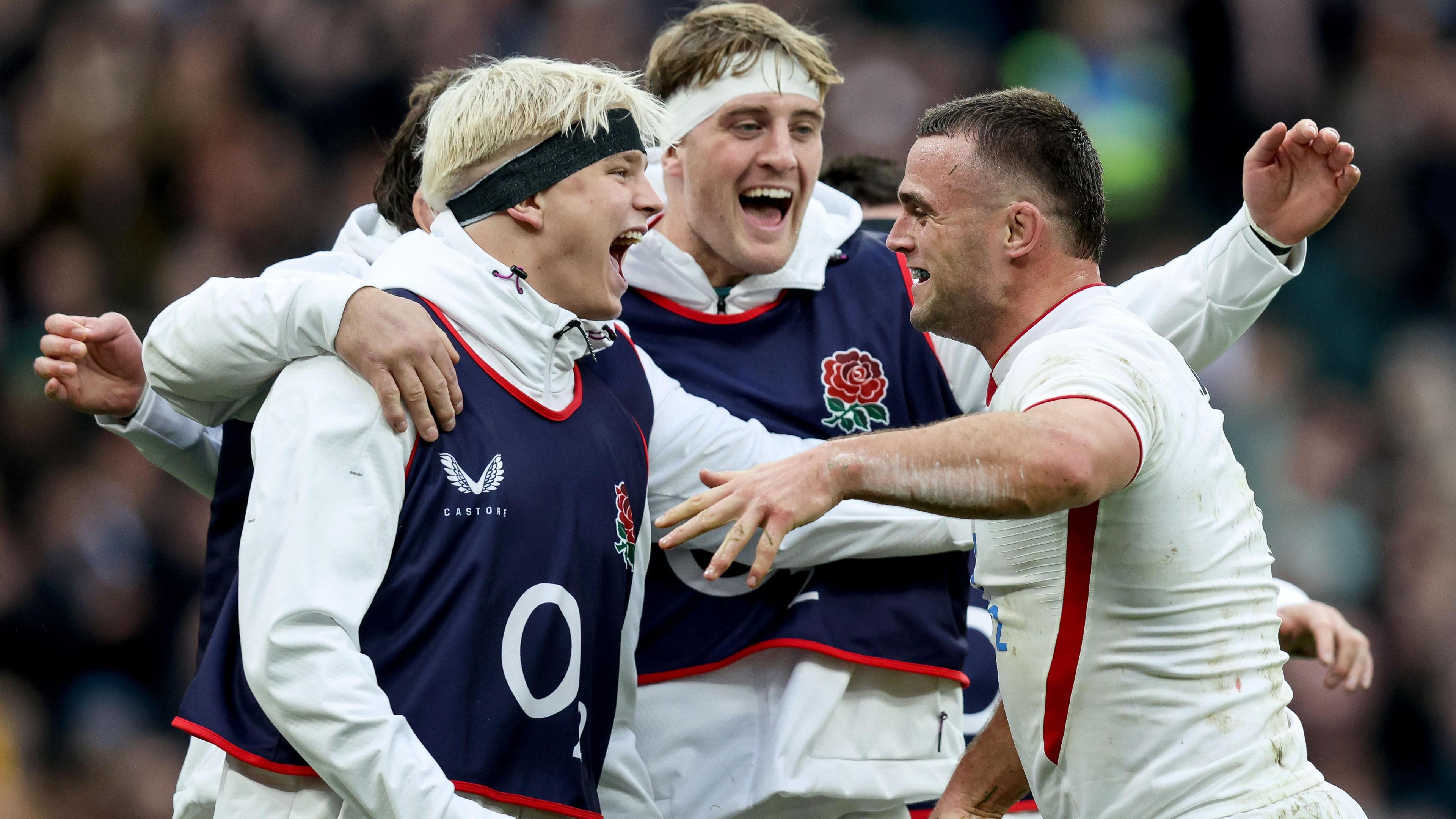 Ben Earl celebrates with Alex Coles and Henry Pollock