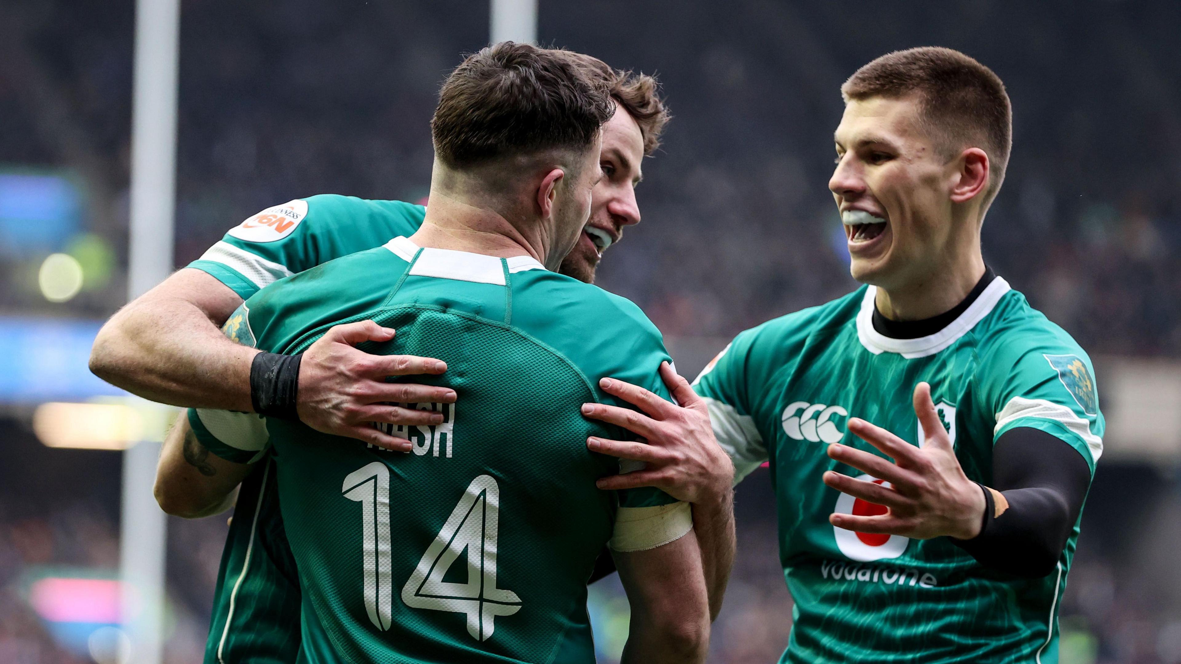 Ireland players celebrate their opening try against Scotland in Murrayfield