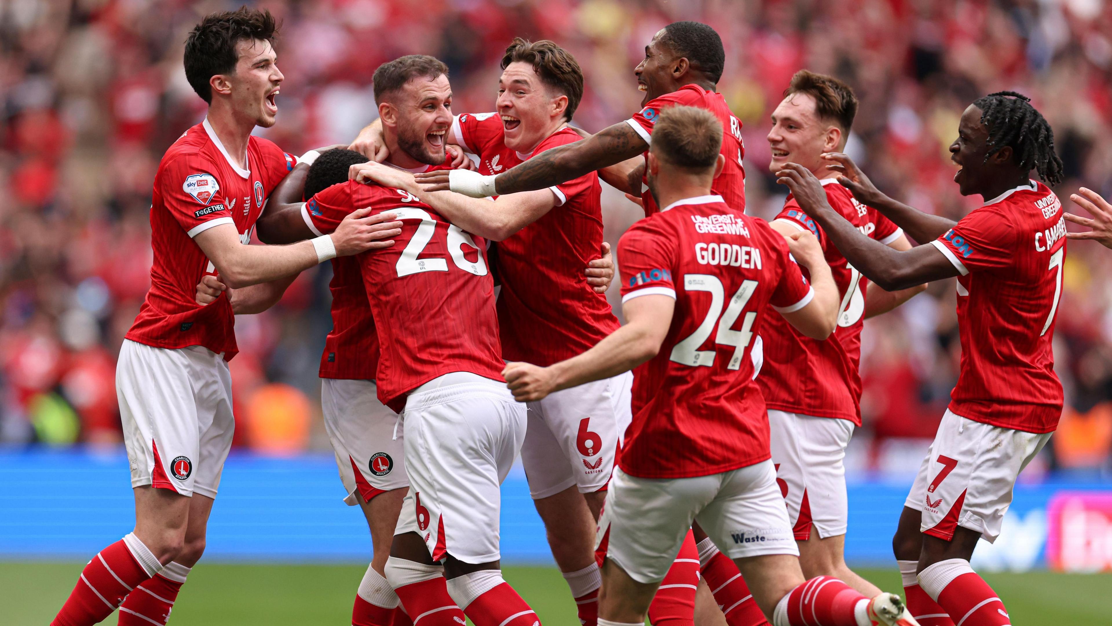 Charlton Athletic players celebrate after Macaulay Gillesphey scores the game's only goal
