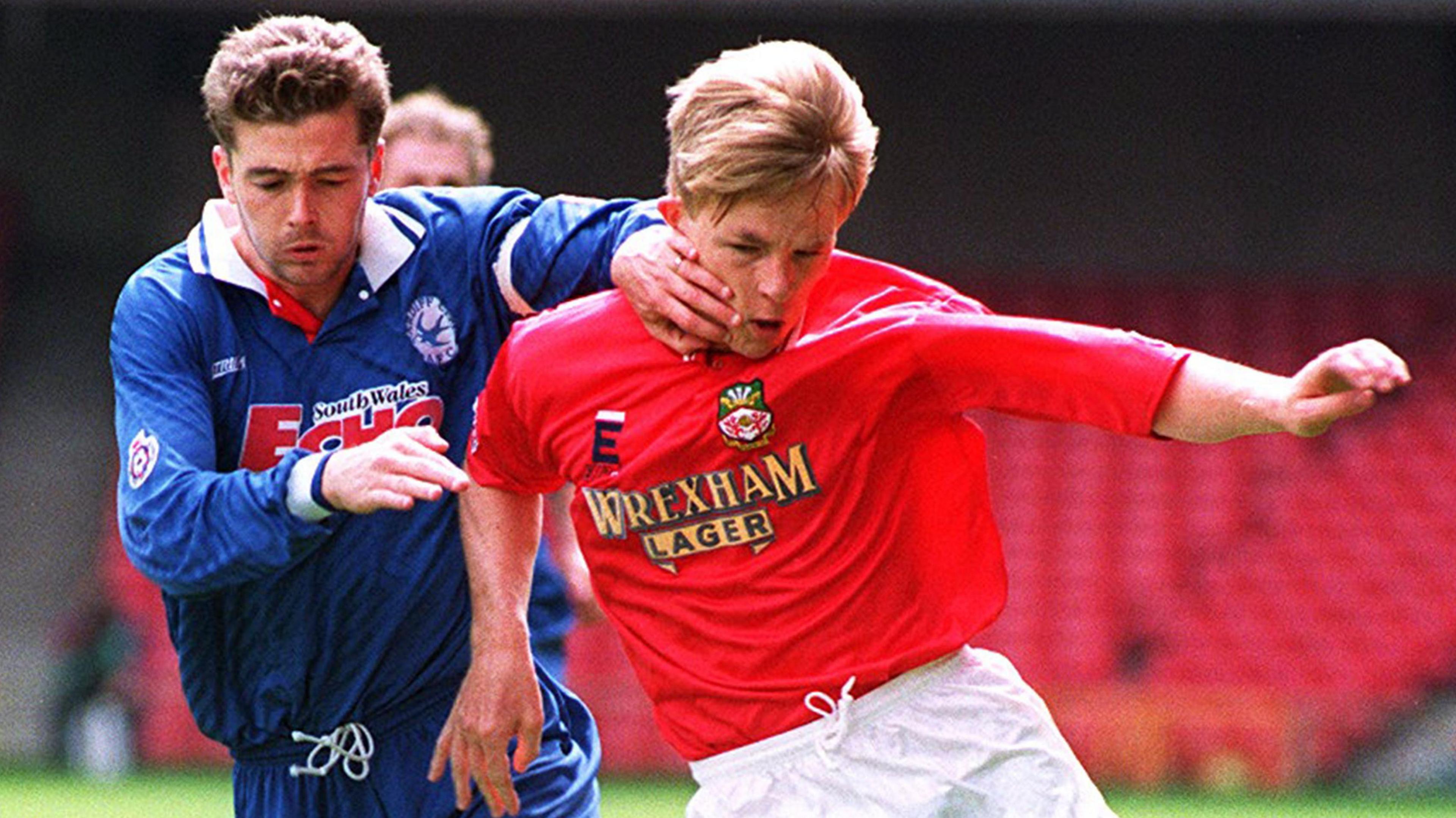 Cardiff City's Jason Perry (left) in action against Steve Morris of Wrexham in the 1995 Welsh Cup final