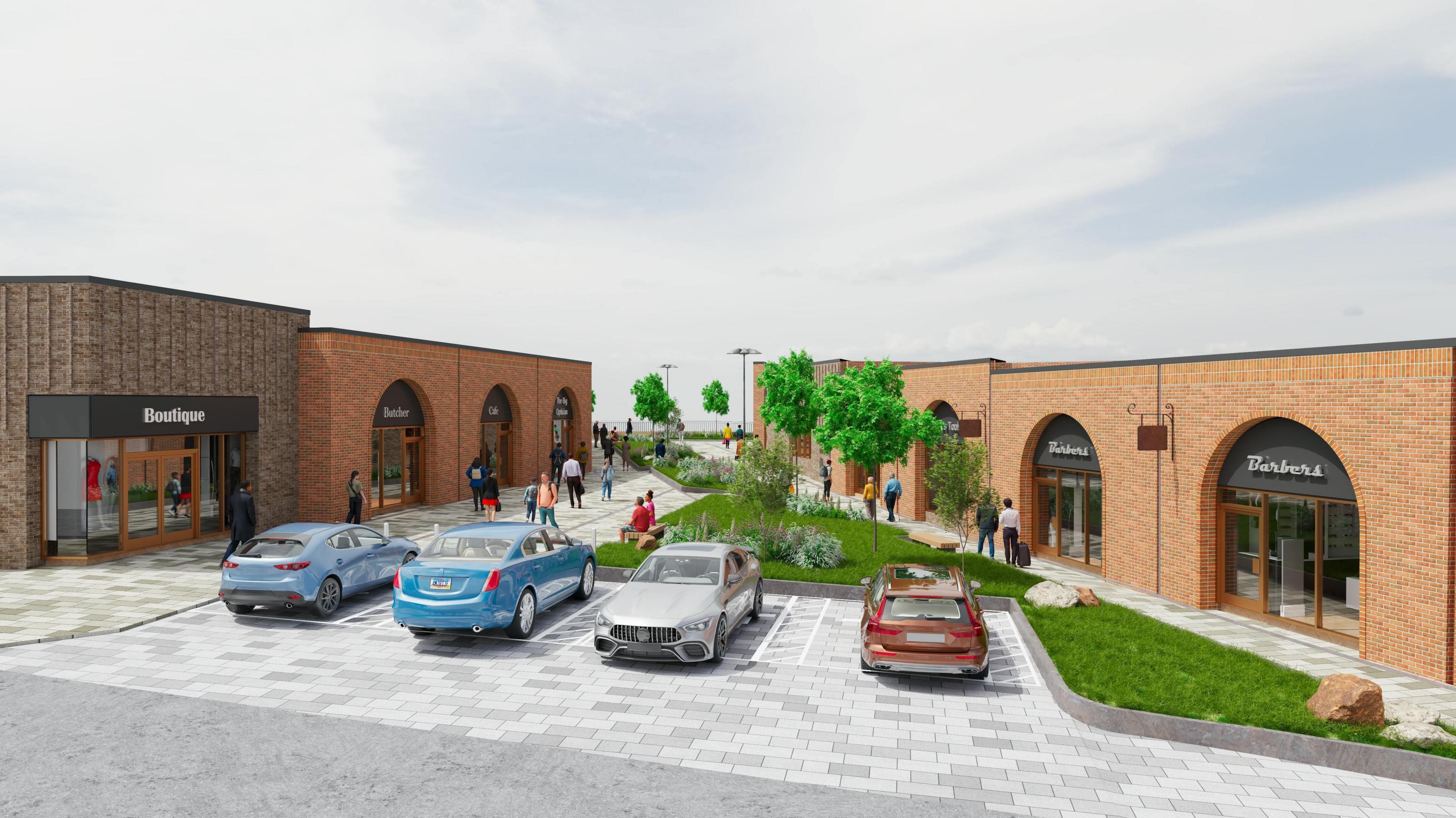 Artist's impression of the proposed Eston Precinct redevelopment showing a number of single-storey brick buildings with large glass windows and doors either side of a landscaped area. Four cars are parked in bays at the front of the area.