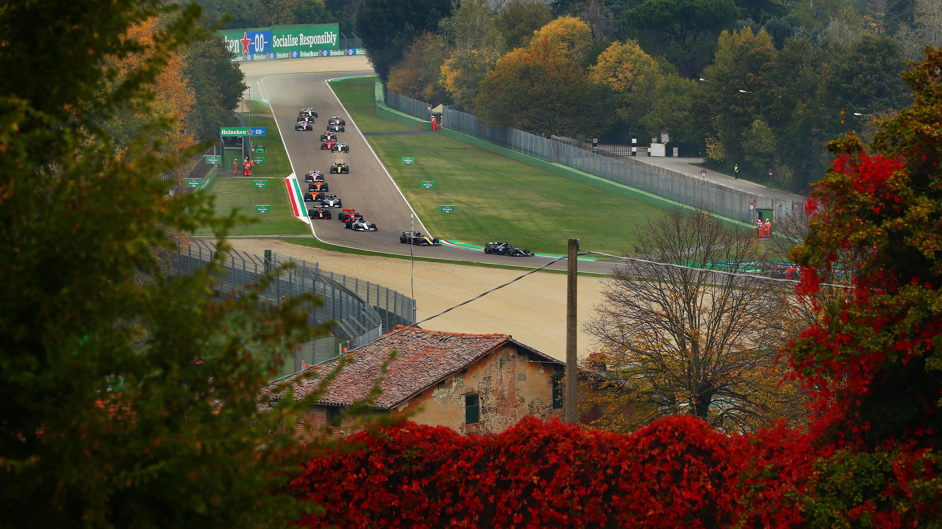 Cars come out of the Tamburello chicane during the 2020 Emilia Romagna Grand Prix at Imola