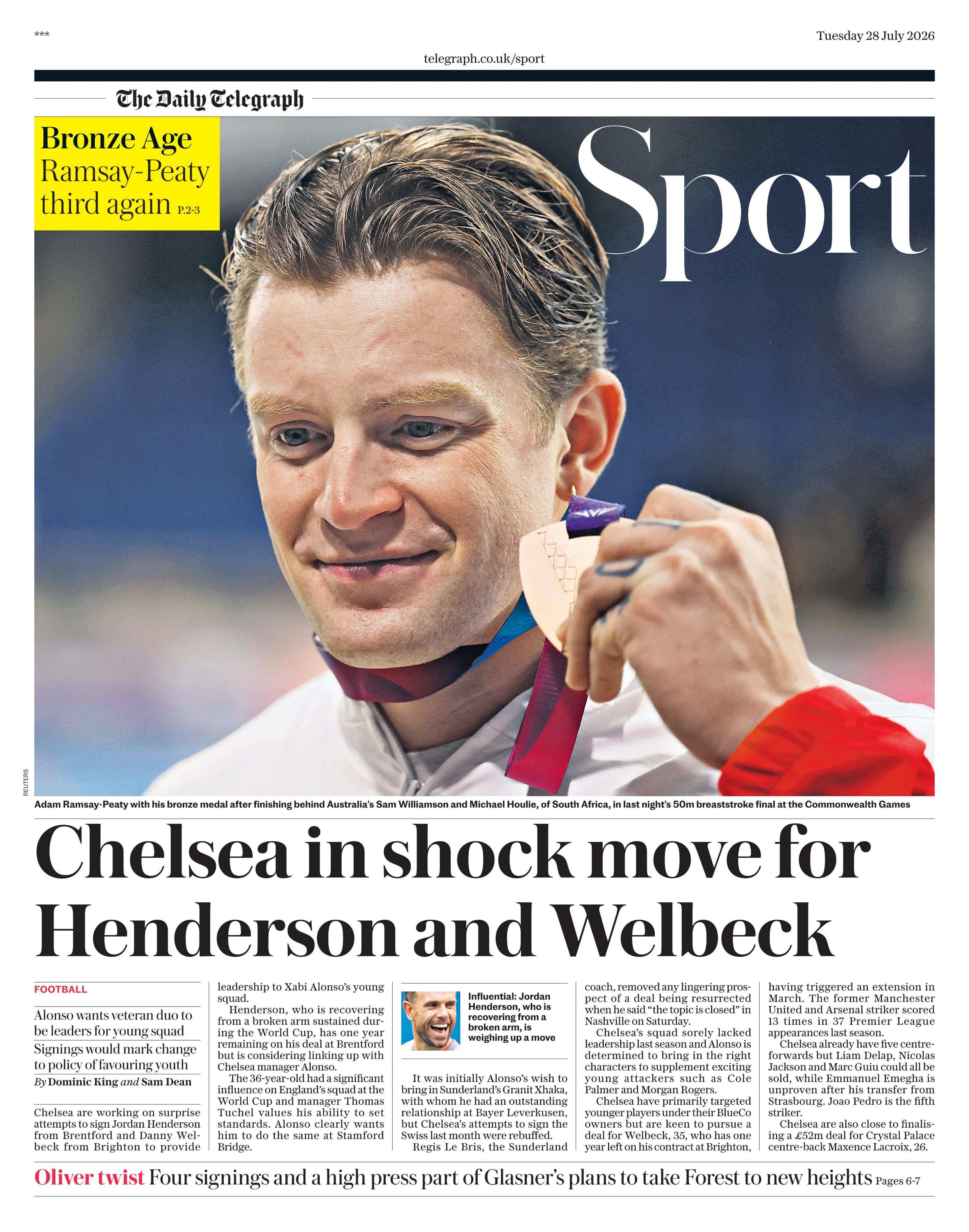 Lead sport page in the Daily Telegraph on 28 July 2026
