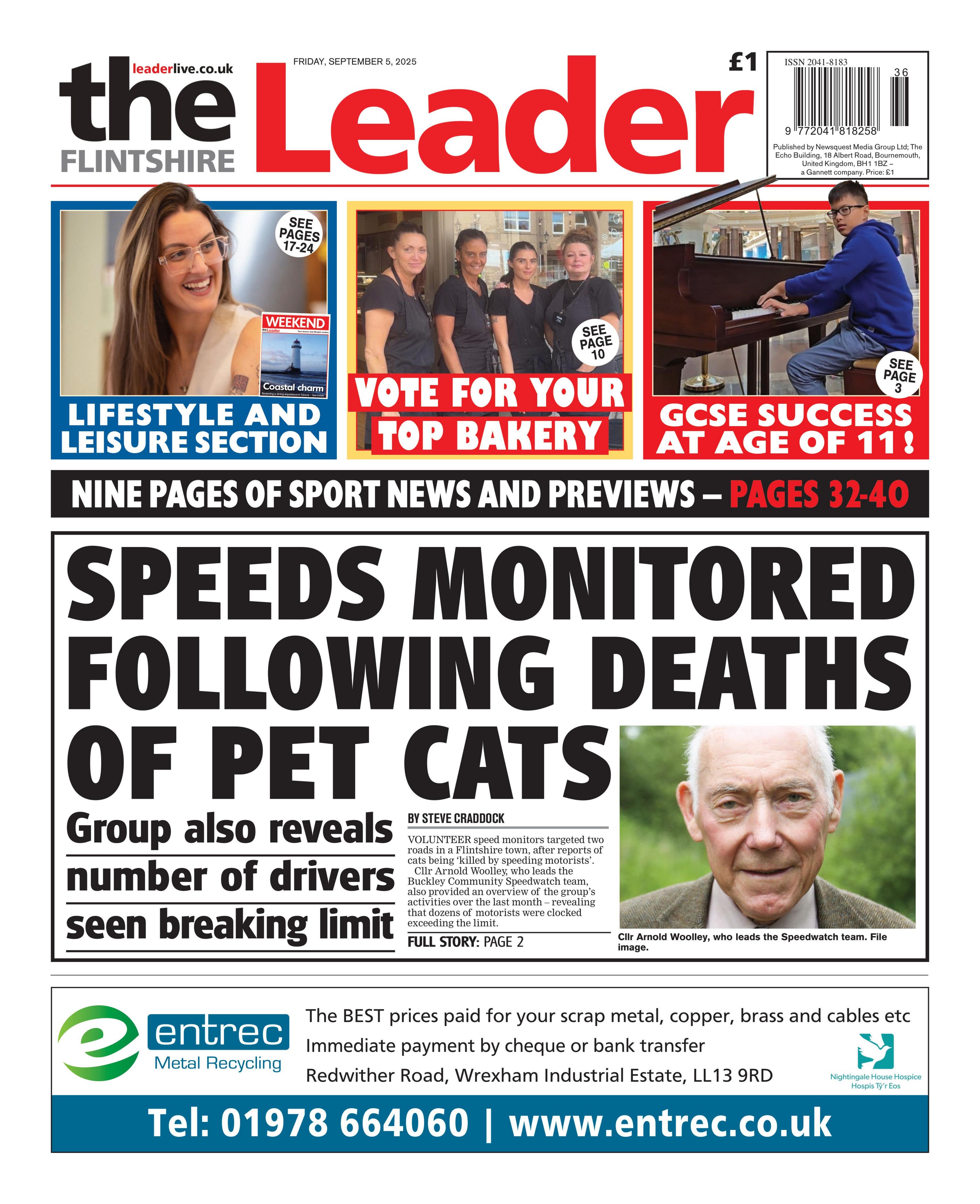 The bottom of the page reads 'speeds monitored following deaths of pet cats', with a picture of a greying man with a brown blaxer, with three images above it that read (left to right) 'lifestyle and leisure section', with a photo of a woman, and 'vote for your top bakery', and gcse student success at age of 11', with a photo of a boy at a piano.