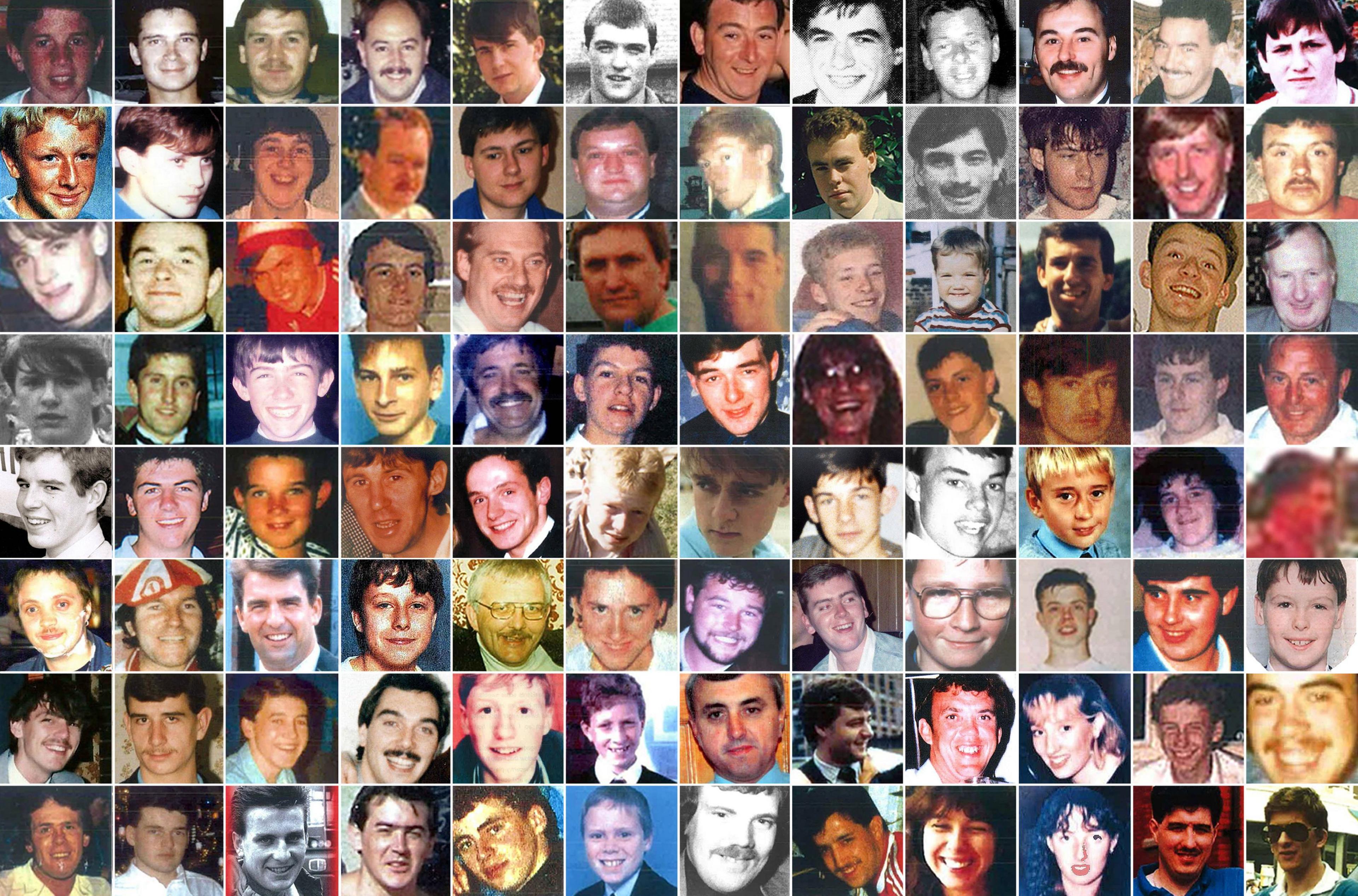 A collage showing 96 of the Liverpool fans who died in the 1989 disaster