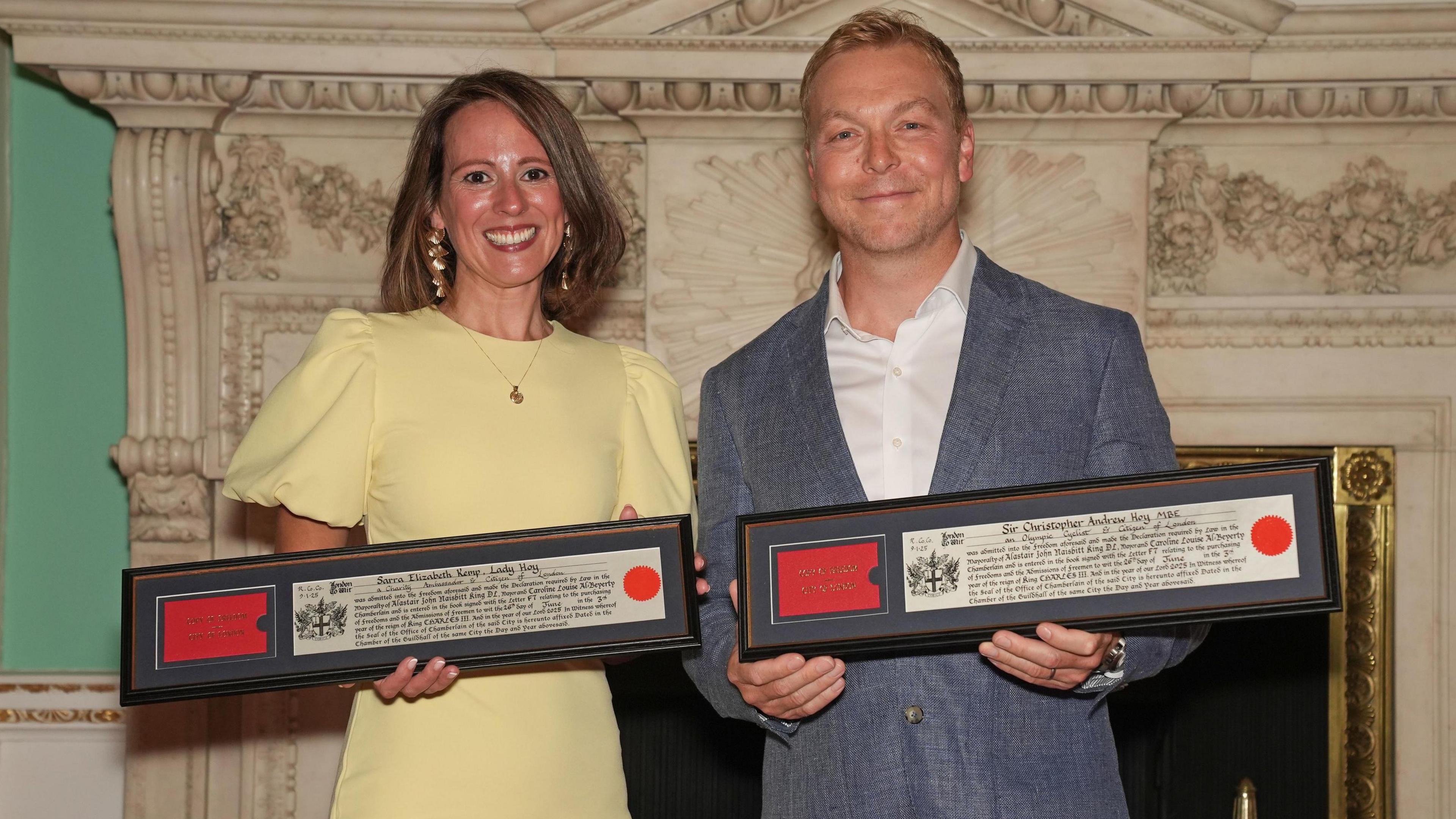 Sir Chris Hoy and his wife Lady Sarra Hoy receiving the Freedom of the City of London.