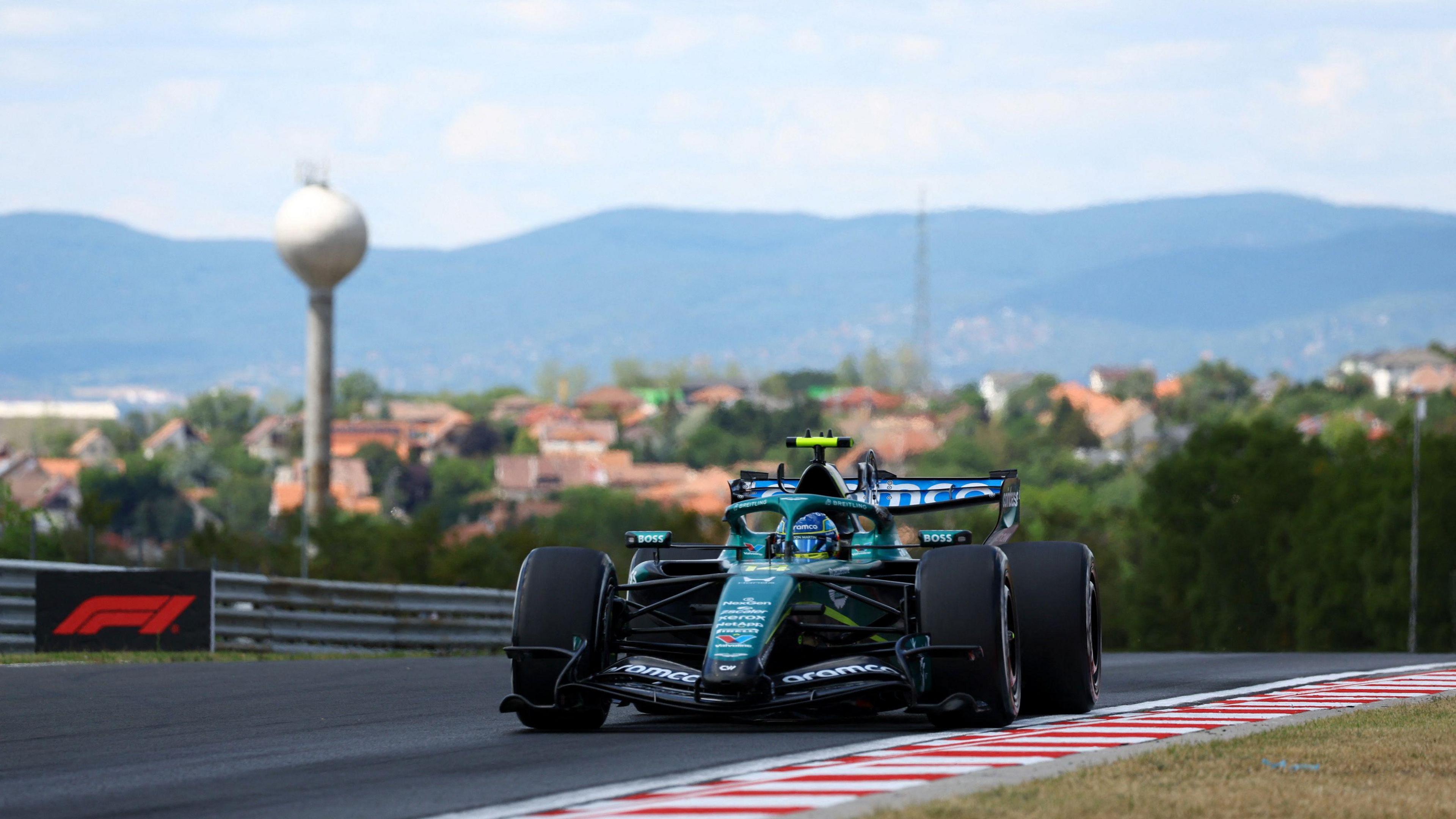 Fernando Alonso driving his upgraded Aston Martin during Hungarian Grand Prix first practice