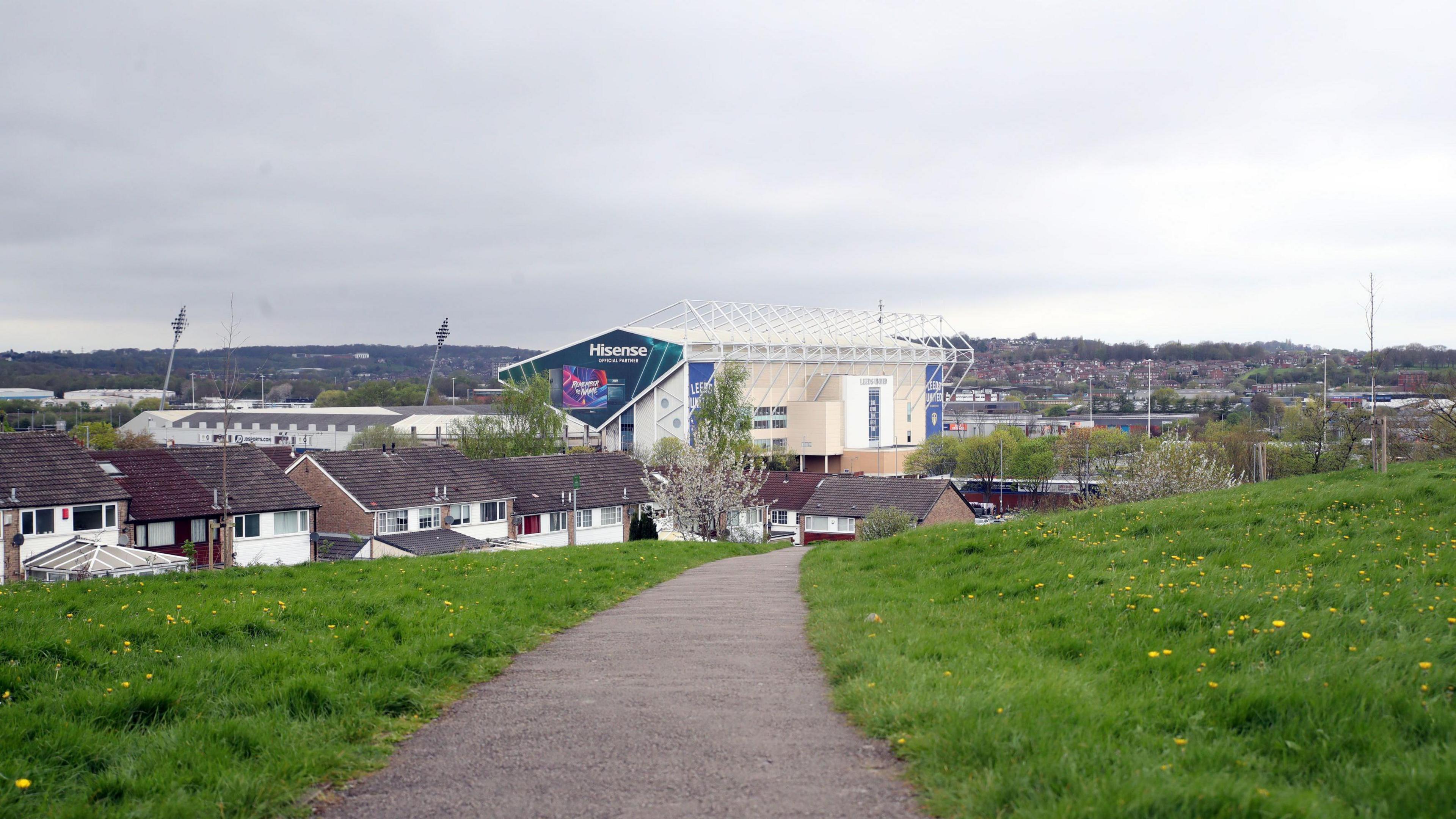 Elland Road football ground in the distance with houses in the foreground