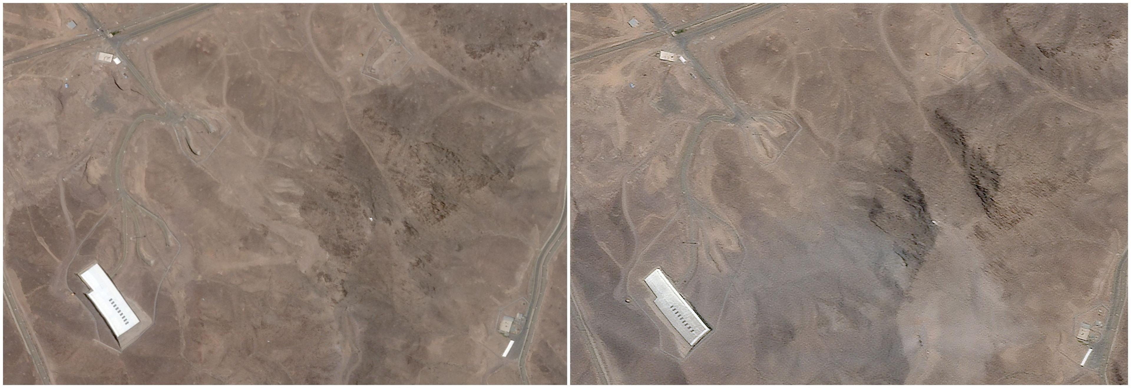 A combination picture shows satellite images over Fordow, before and after the U.S. struck the underground nuclear facility, near Qom, Iran, June 2, 2025 (L) and June 22, 2025. 