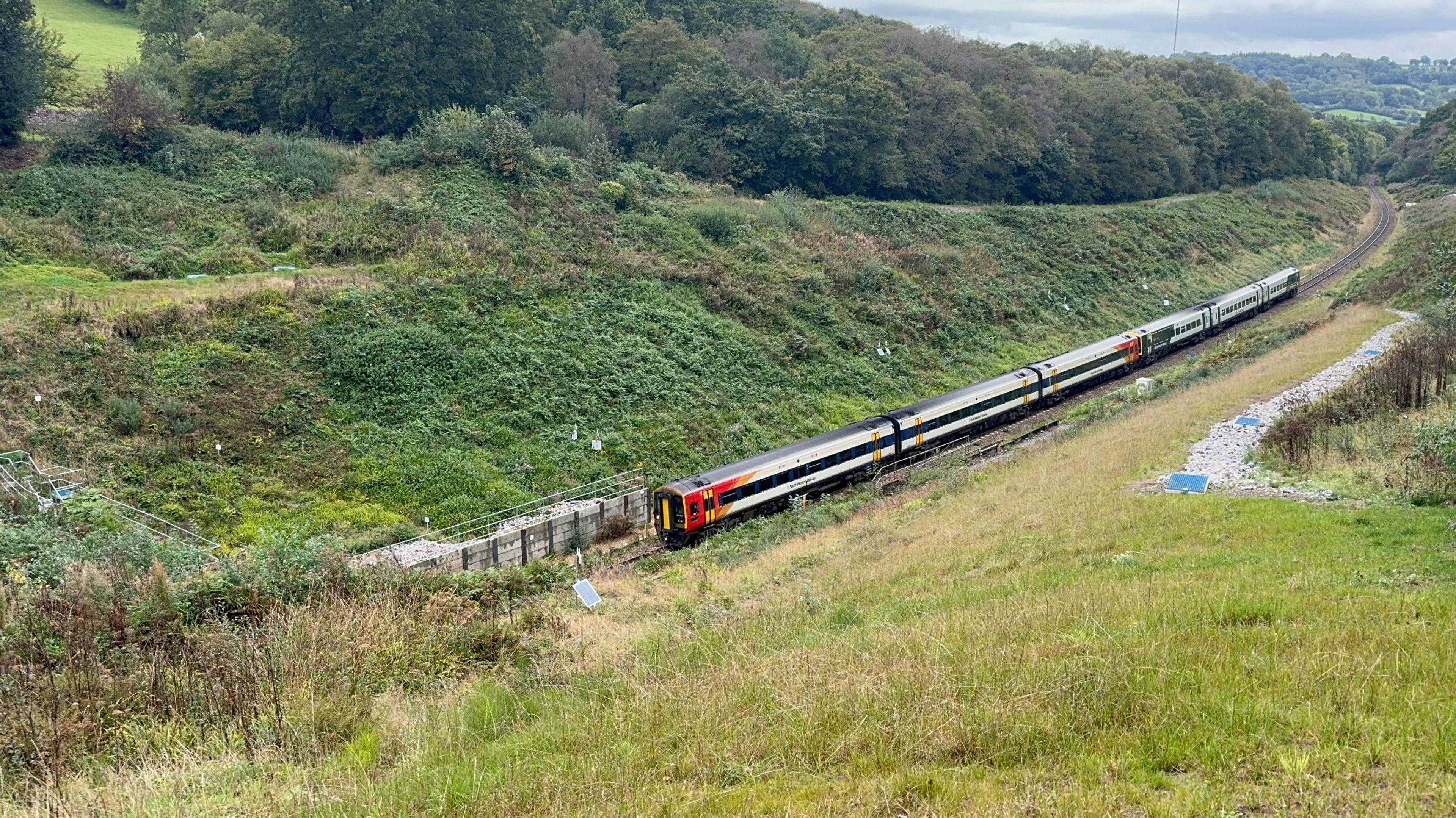 A train with five carriages going into Honiton Tunnel. The railway lies at the bottom of a dip with banks covered in grass and shrubs topped with a line of trees.