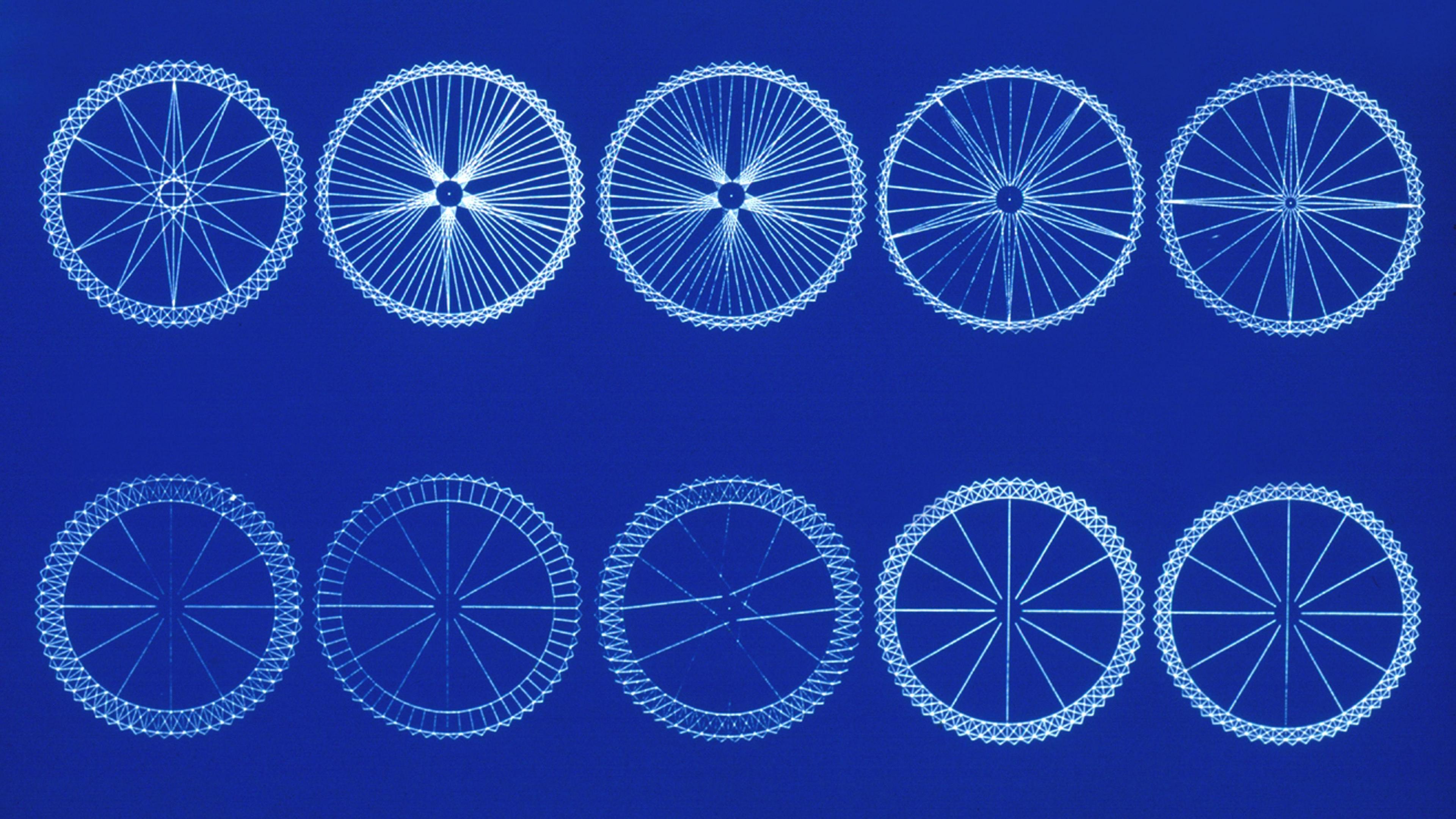 An architectural drawing, blue background and white lines, showing 10 different designs for the wheel structure on the London Eye  