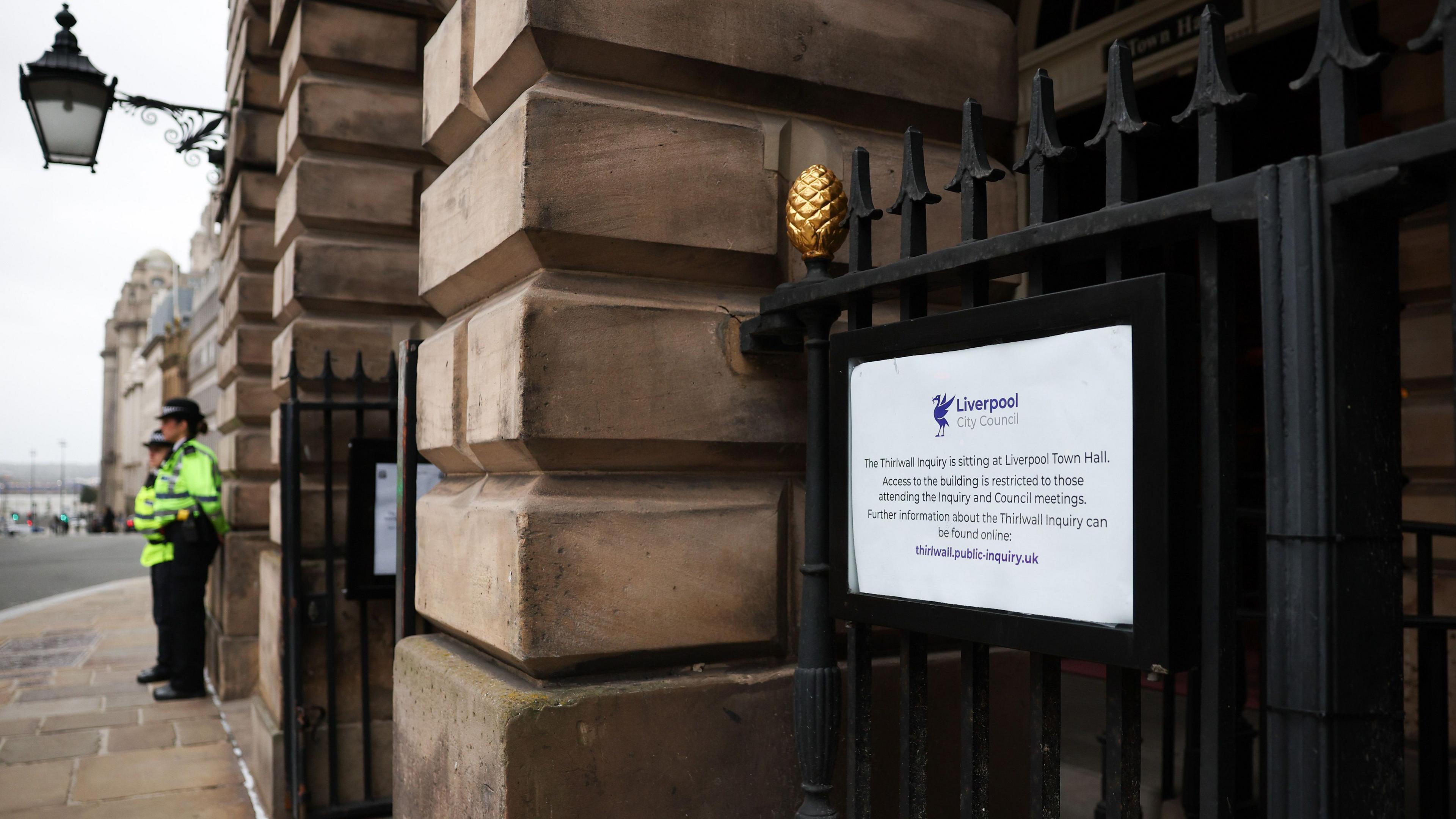 A sign announcing the Thirlwall Inquiry at the entrance to Liverpool Town Hall in Liverpool, Britain, 10 September 2024.